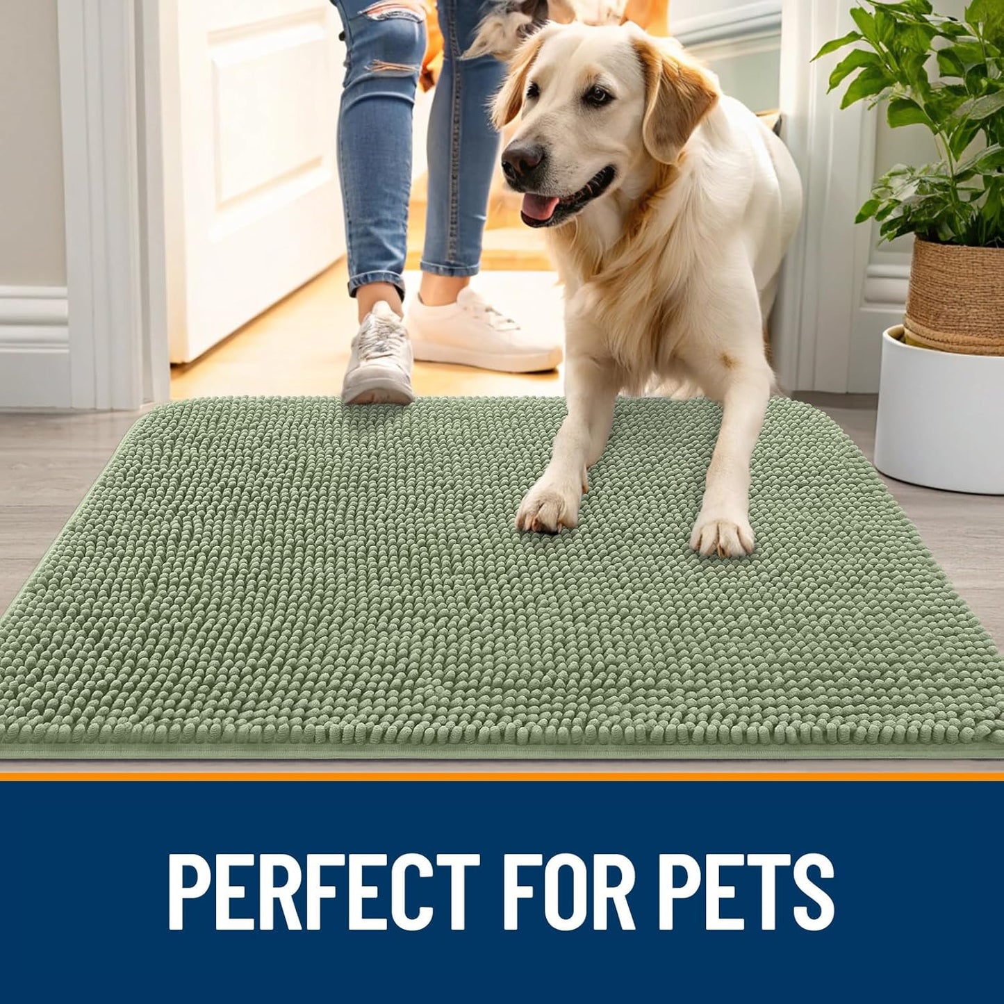 OLANLY Dog Door Mat - Absorbent Non-Slip Chenille Mat for Muddy Paws | 40x24 Sage Green, Quick Dry