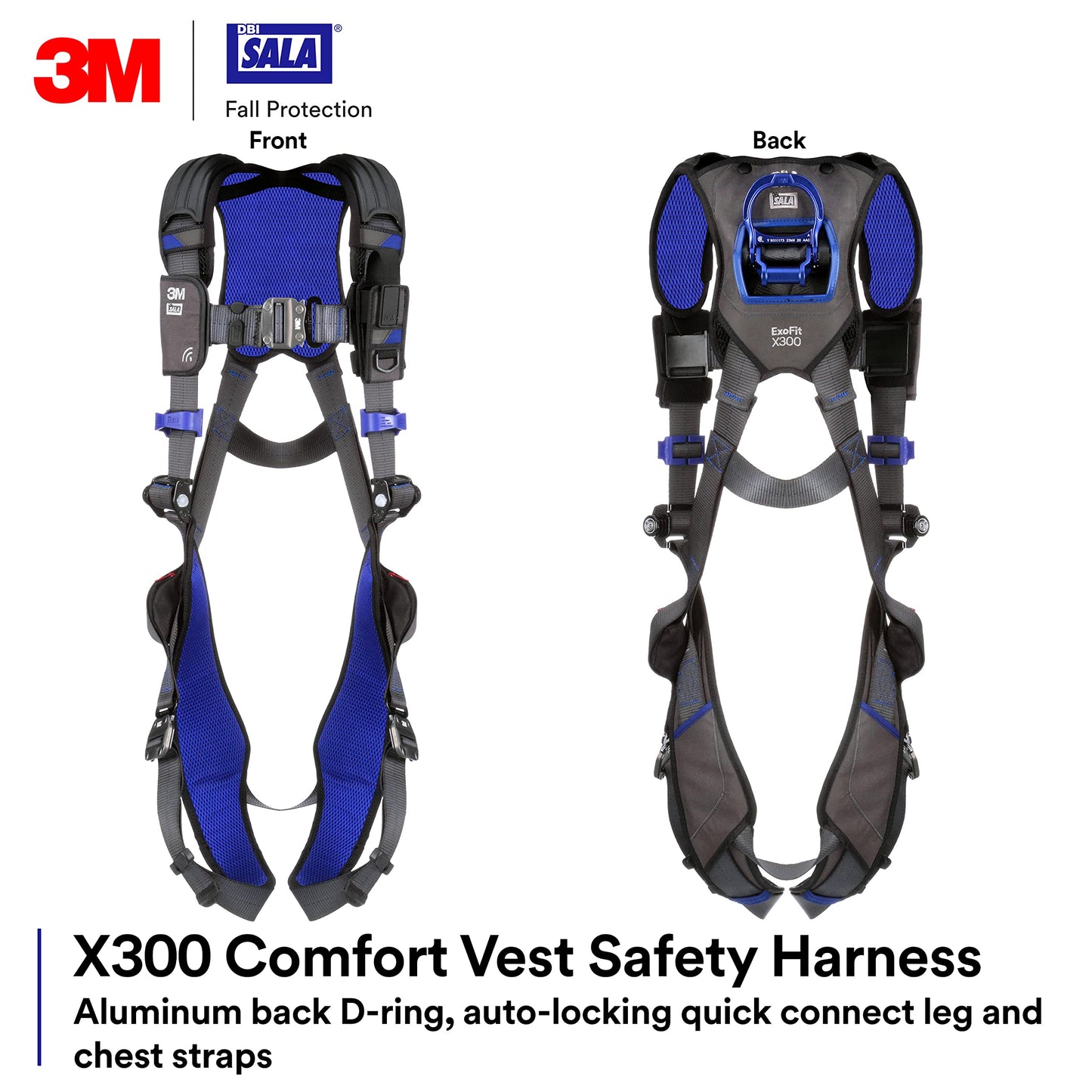 3M 1113004 DBI-SALA ExoFit X300 Comfort Vest Safety Harness Fall Protection, OSHA, ANSI, General Industry, Aluminum Back D-Ring, Auto-Locking Quick Connect Leg and Chest Straps, Medium