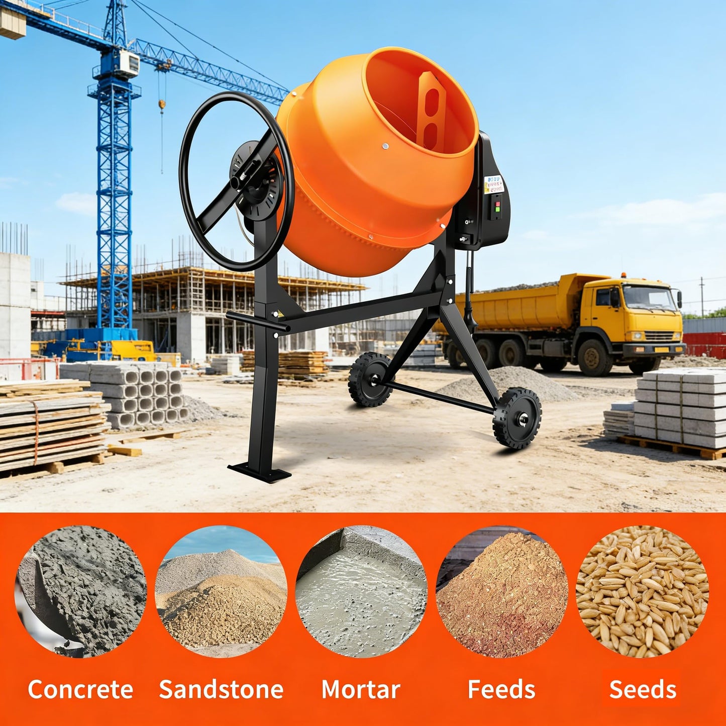 SILVEL Concrete Mixer Machine 5.3 Cu.Ft. – Rated 550W (Max 750W 1HP) Heavy Duty Portable Industrial Cement Mixing Machine with Wheel & Stand for Stucco, Mortar, Seeds, Amber