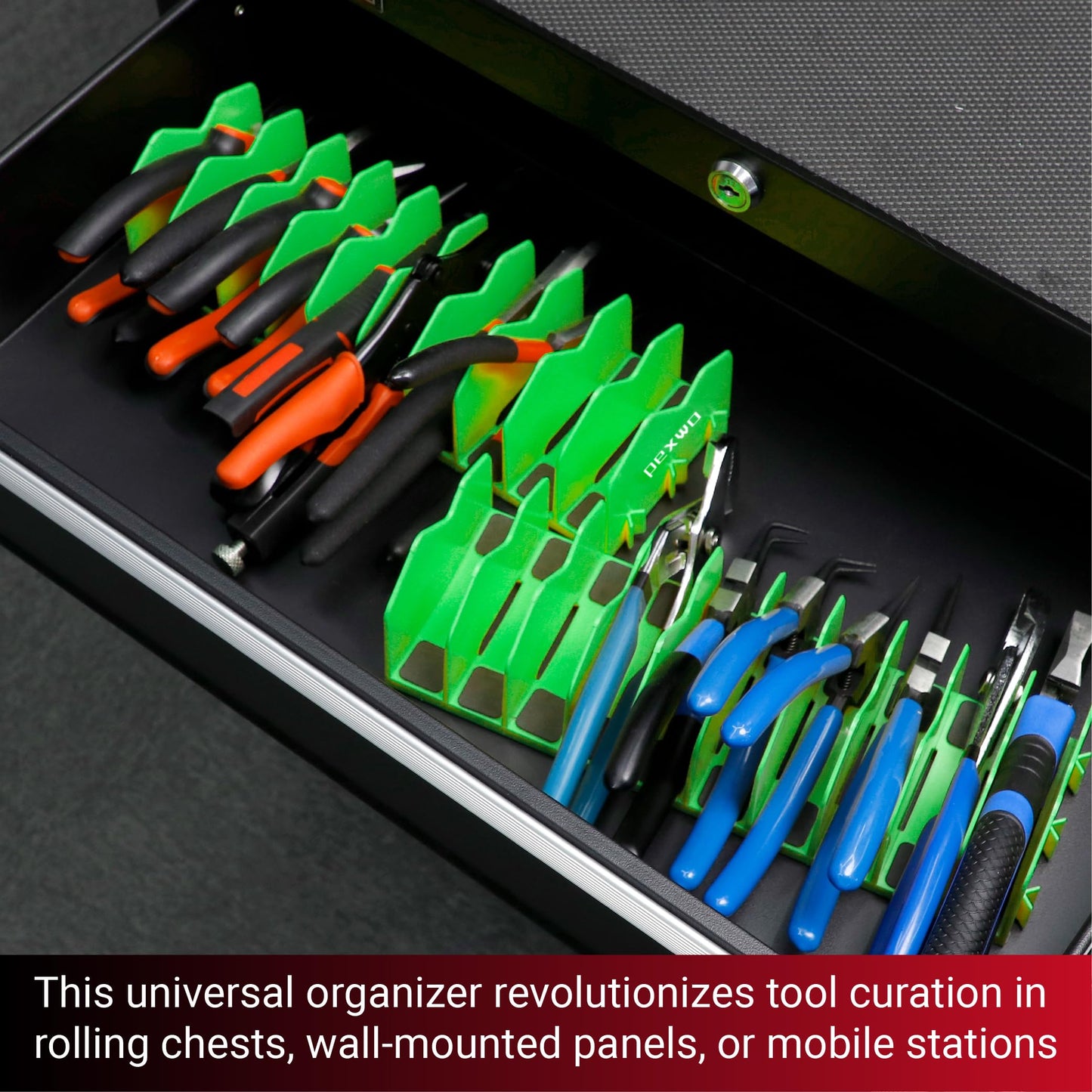 pexwo Plier Organizer & Rack (2-Pack, High-Vis Green) – 20-Slot Tool Storage for Toolbox Drawers – Non-Slip Rubber Base, Interlocking Modular Holders for Pliers, Cutters & Snips