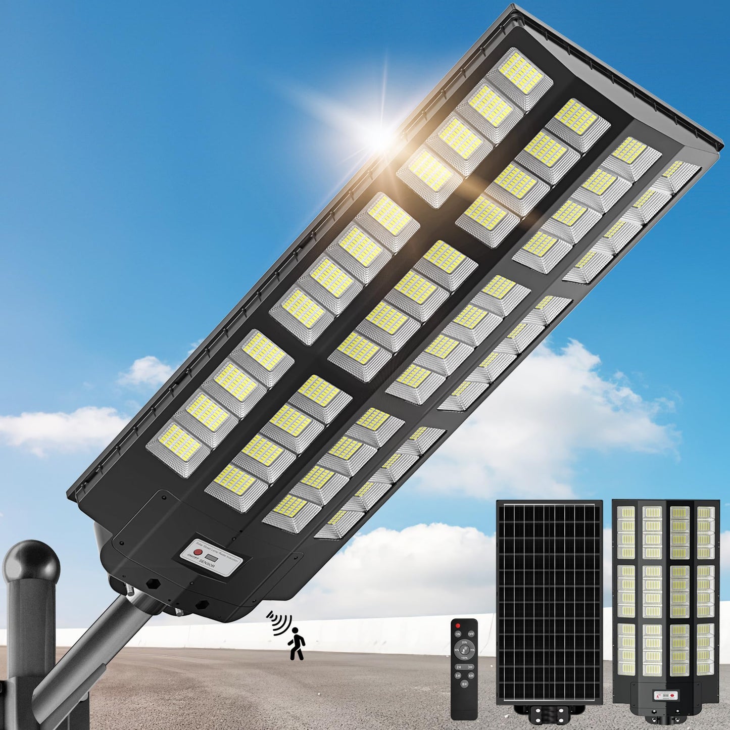 OKPRO 15000W Solar Street Light, 7000K Solar Lights Outdoor Waterproof Motion Sensor, Solar Security Light IP66 Waterproof, Solar Street Lights Outdoor Dusk to Dawn for Parking Lot, Yard, Farm