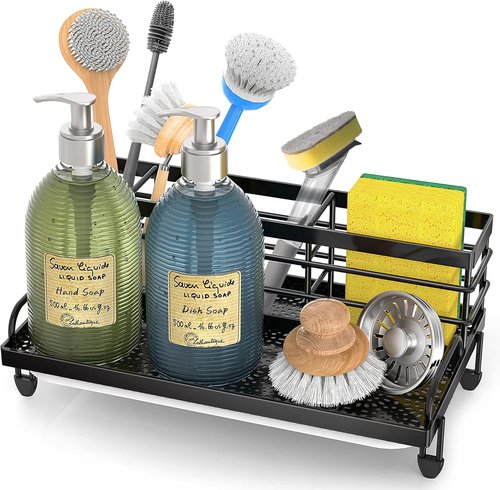 Cisily Kitchen Sink Caddy Organizer - Rustproof Non-Slip Soap Dish & Sponge Holder | Matte Black