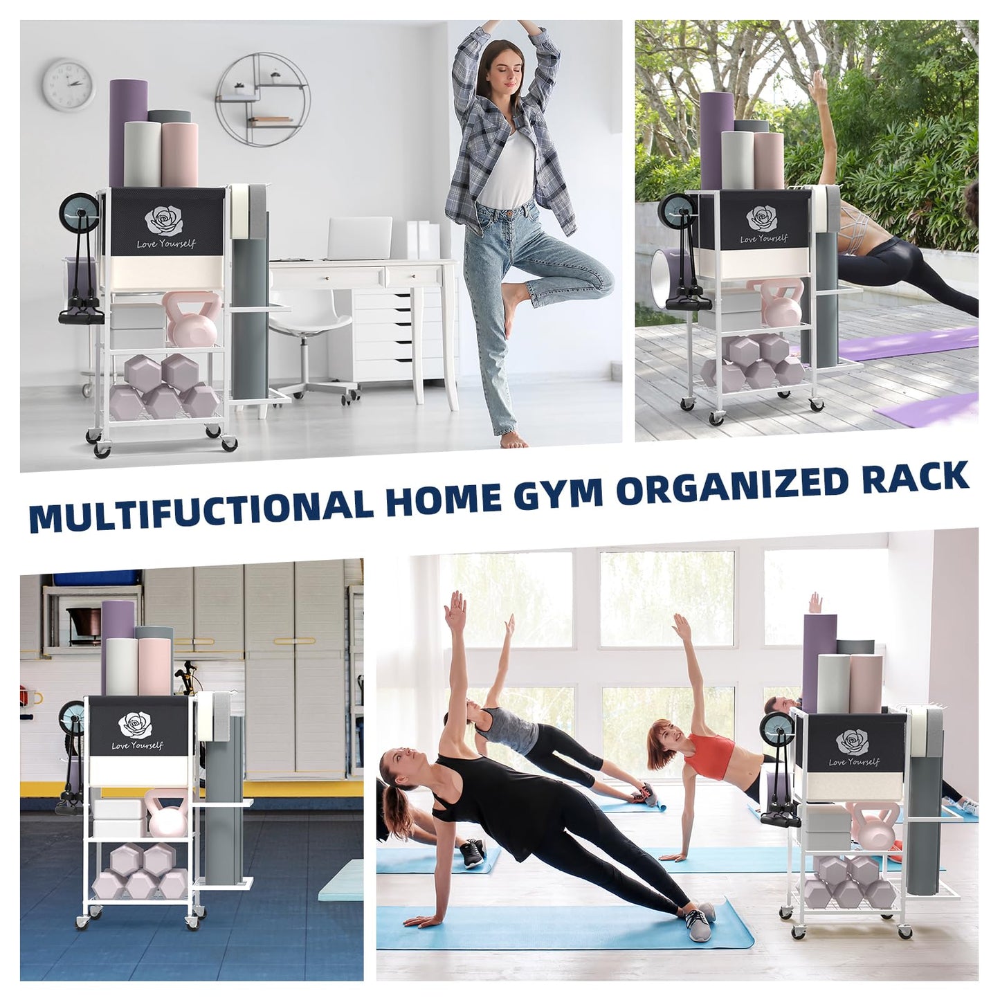 Yoga Mat Storage Rack，Home Gym Storage Rack Gym Workout Equipment Storage Organizer on Wheels for Yoga Mat,Yoga Block,Foam Roller,Resistance Band,Dumbbell,Kettlebell (White)