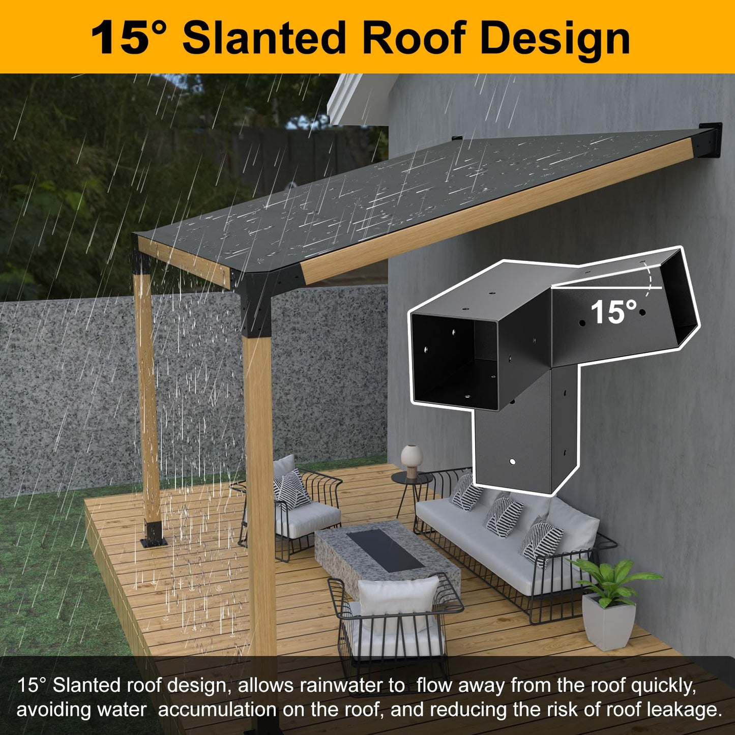 Heavy Duty 15°Slanted Roof Wall Mount 4x4 Pergola Bracket Kit,TROPTOLKY Angled 4x4 Wood Post Bracket,DIY Pergola Gazebo Kit 4-Way(3PCS)