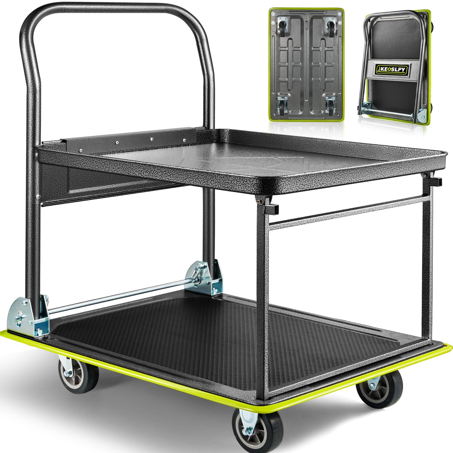 Keoslpy Upgraded Foldable Push Cart Dolly, 700lbs Foldable Platform Truck Dolly with Wheels, Heavy Duty Platform Cart 2 Tier Moving Flatbed Cart for Warehouse, Garage, Workshop, Office 28.75" x 18.5"