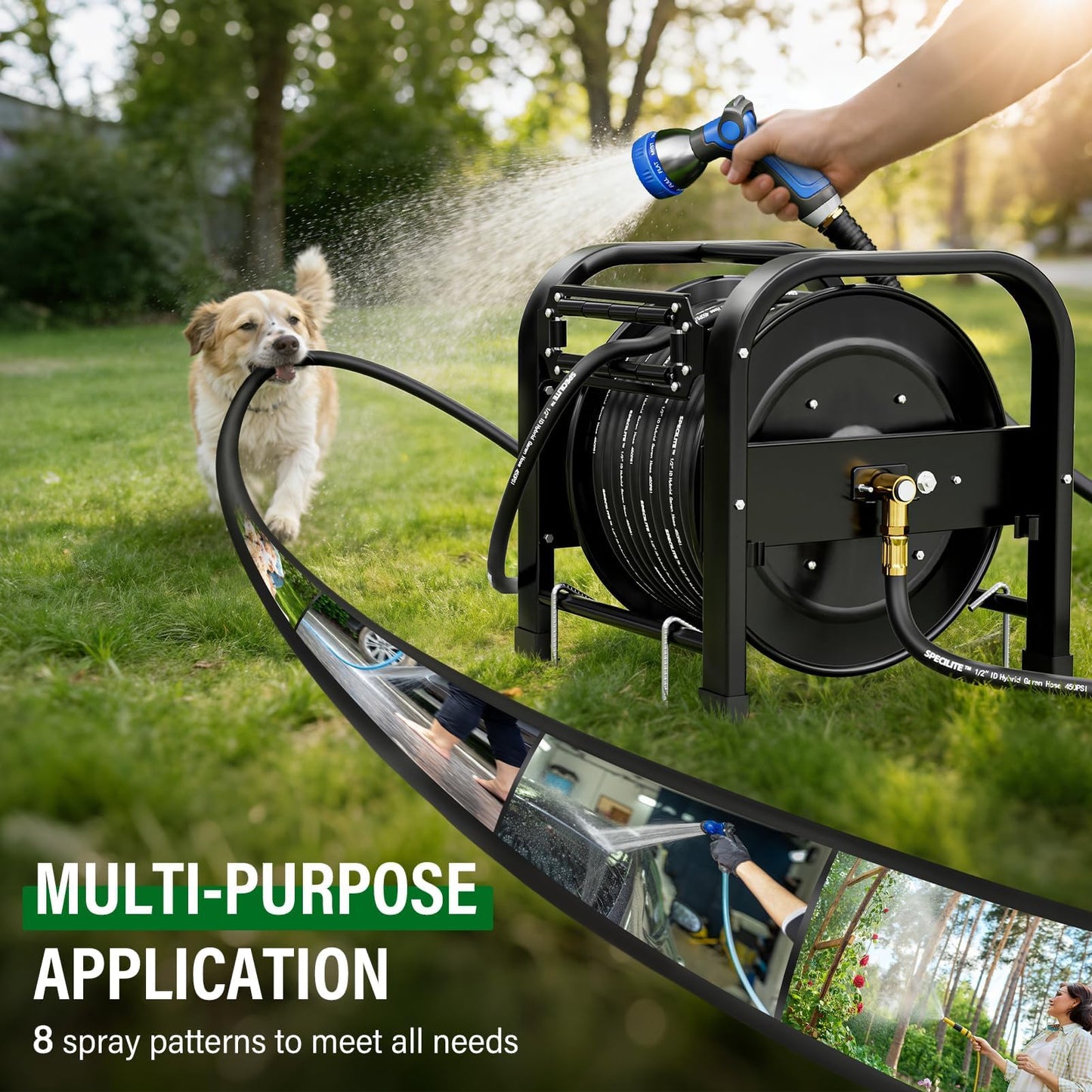 SPECILITE Retractable Hose Reel with 1/2'' x 100FT Garden Water Pipe, 1200 PSI, UV Resistant Heavy Duty Industrial Metal Freestanding Spool, 6' Lead-in, Sprayer Nozzle for Garage, Yard, and Workshop