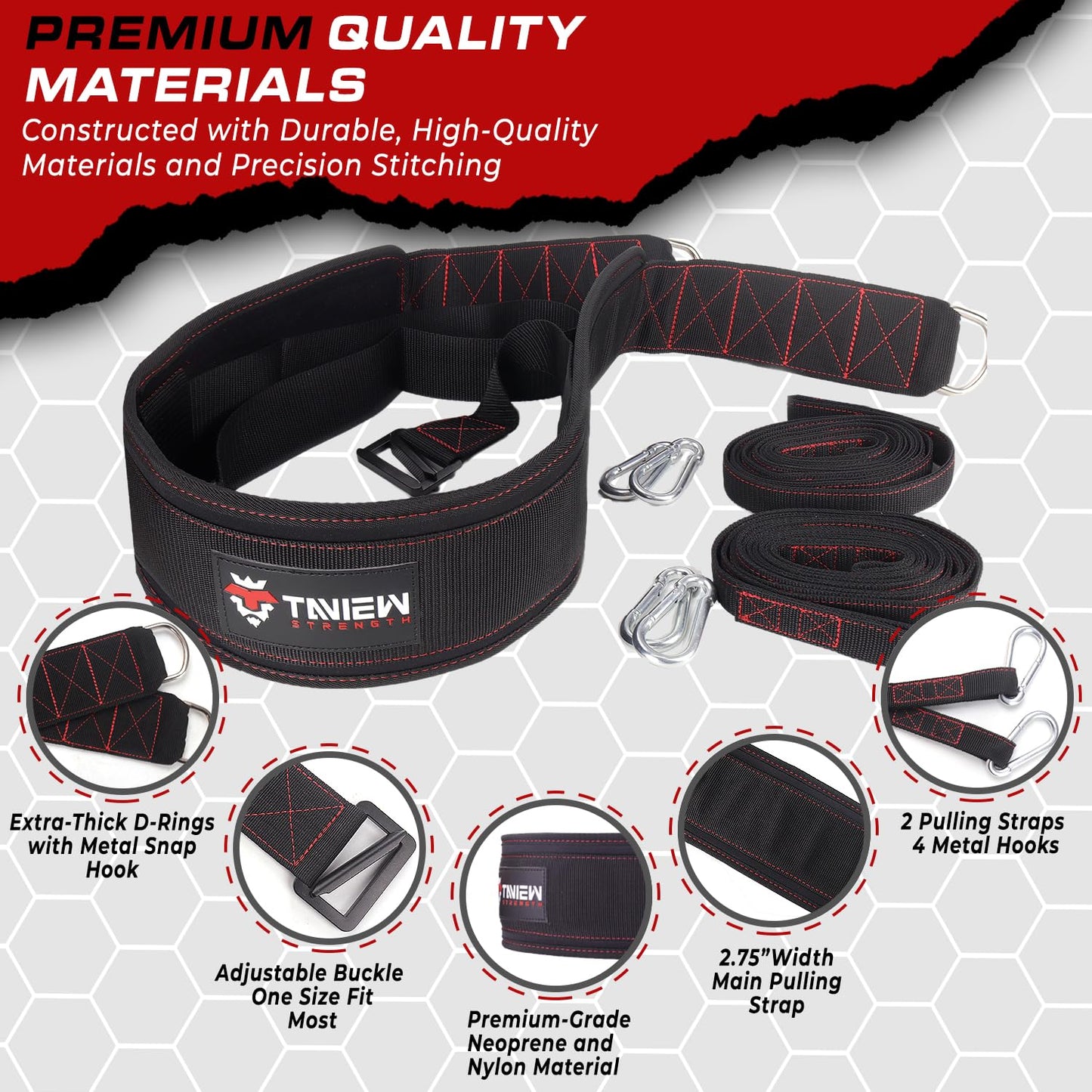 Sled Pulling Belt with Adjustable Closure, 2 Sled Pulling Straps & 4 Hooks – Ideal for Resistance Training, Strength, Agility, and Multi-Directional Pulling (Back, Front, Sides)