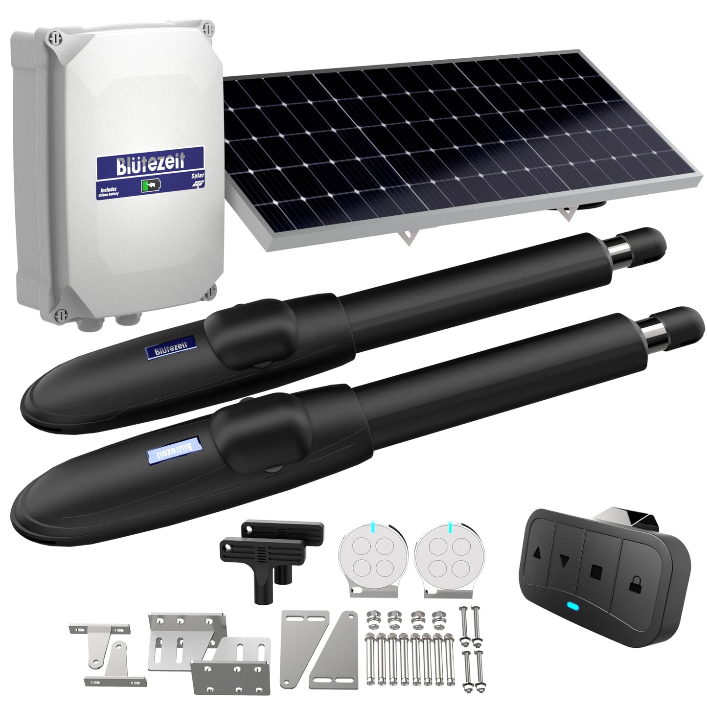 Blütezeit MS650 Solar Dual-Arm Swing Gate Opener + Visor Clip Remote – 1760 lb Operator with 24V Battery, 25W Solar Panel & Car-Mount Remote