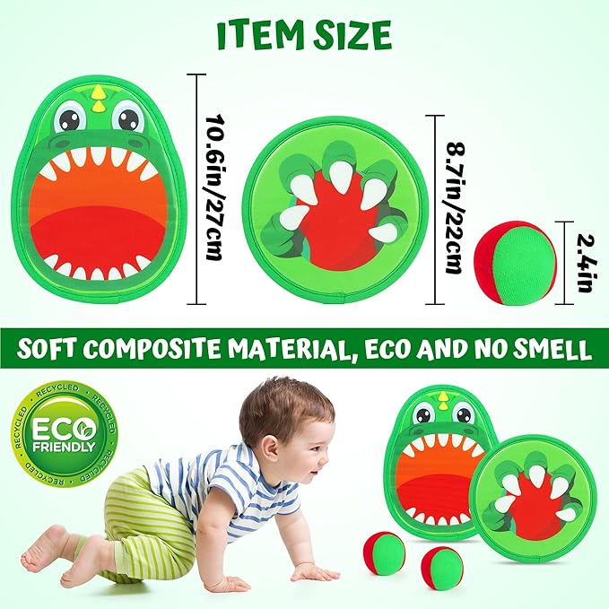 Big Dinosaur Toss and Catch Ball Set, Catch Game Outdoor Toys for Kids and Toddler, Backyard Lawn Games Pool Beach Toys with 4 Rackets, 4 Balls, 1 Drawstring Bag