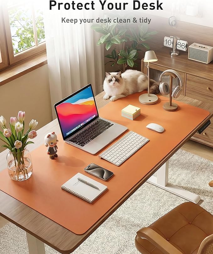 Aothia Faux Leather Desk Mat - Large Mouse Pad, Non-Slip PU Leather Blotter, Waterproof Writing Surface for Office and Home (Hermes Orange, 42" x 17")