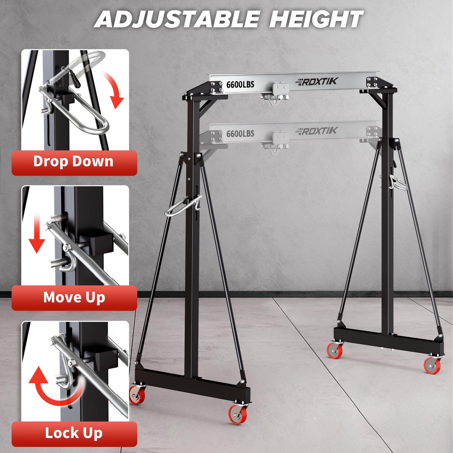 RDXTIK 3 Ton 6600Lbs Gantry Crane, 9.06FT Maximum Width, 8.53-12.47ft Adjustable Height, Portable Shop Lift Hoist with 3 Ton Manual Trolley, Silver