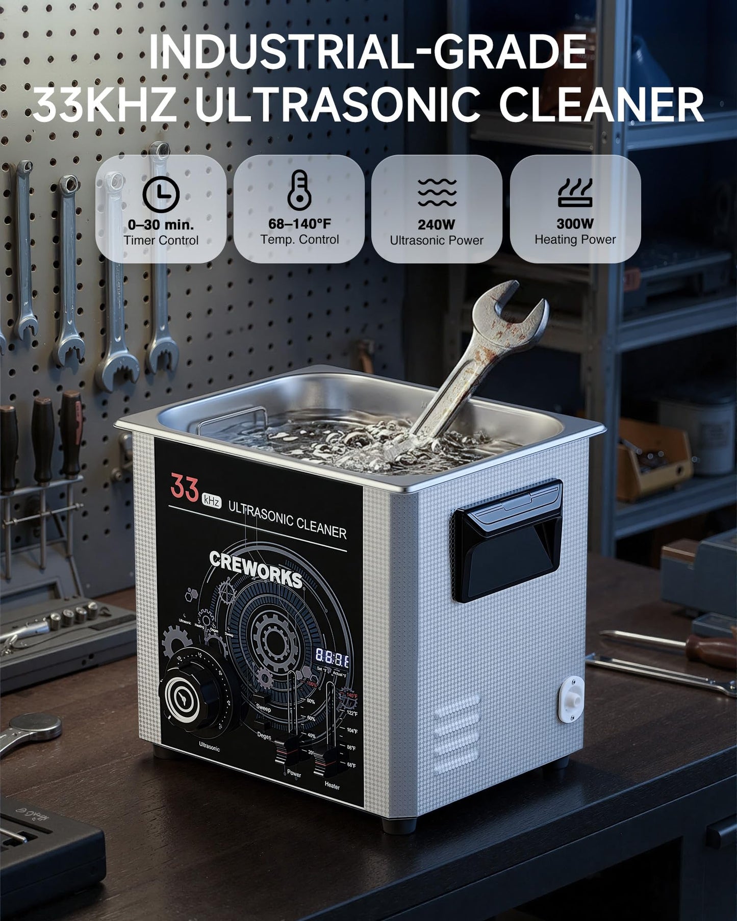 CREWORKS 10L Ultrasonic Cleaner with Sweep Function, 33kHz 240W Industrial-Grade Ultrasonic Cleaning Machine with Adjustable Timer Temp, Parts Cleaner Machine with Stainless Steel Basket 300W Heating