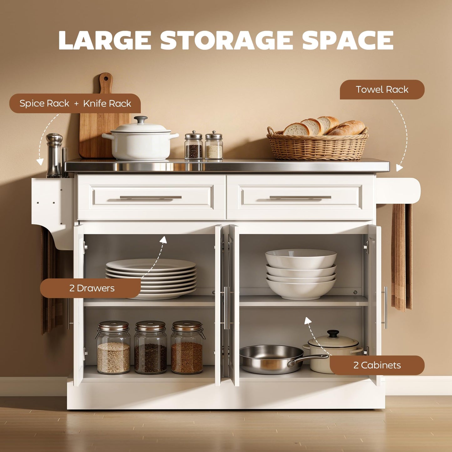 HOMCOM Rolling Kitchen Island Cart with 47" Stainless Steel Top, Portable Island Table for Kitchen with Wheels, Adjustable Shelves, 2 Drawers, Spice, Knife and Towel Rack, White