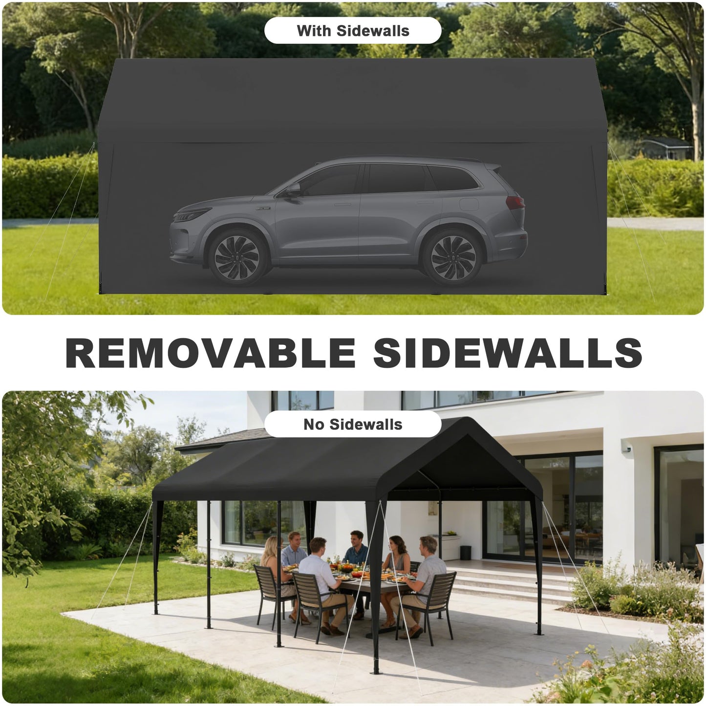 Carport 10 x 20 FT Heavy Duty, Portable Garage Canopy, Waterproof Car Canopy with Side-Opening Removable Door, Carport Canopy for Car, Truck, Boat, Equipment (Black)