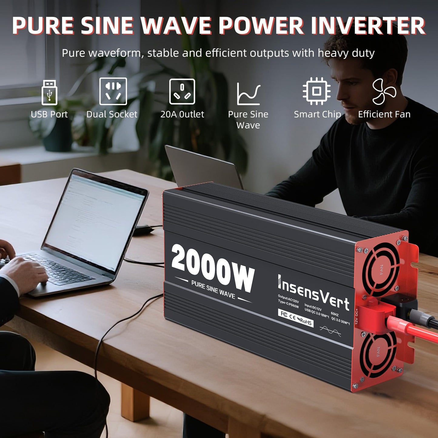 2000 Watt Pure Sine Wave Power Inverter DC 12V to 120V AC, with 2 AC,18W USB, and 30W Type-C Charging Ports, Car Solar Power Inverters with LCD Display for Home RV Truck