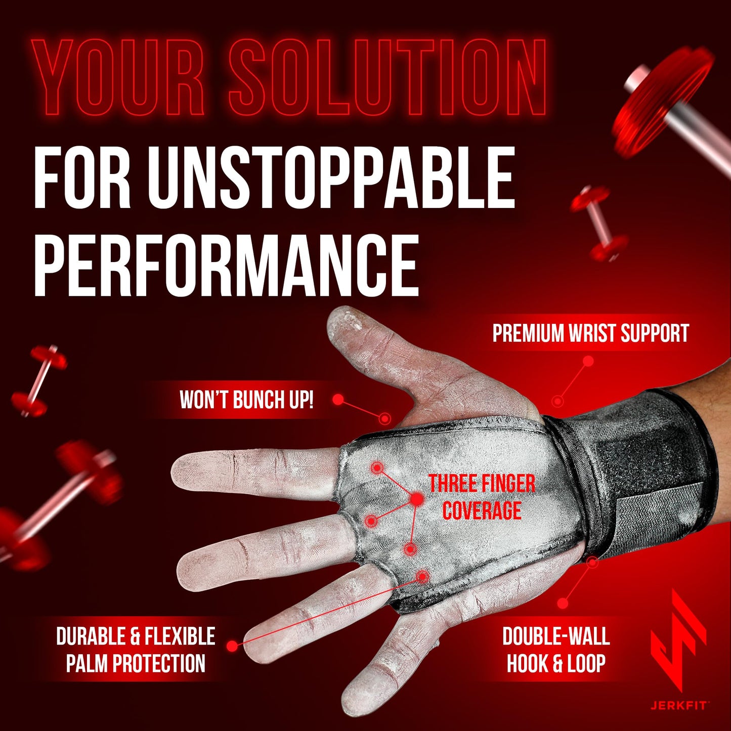 JerkFit WODies Gymnastics & Weightlifting Grips with Wrist Wraps – 3 Hole Versatile Gym Gloves for Pull Ups, Gym Training & Cross Training – Hand Grips Palm Protector for Men & Women (Black L)