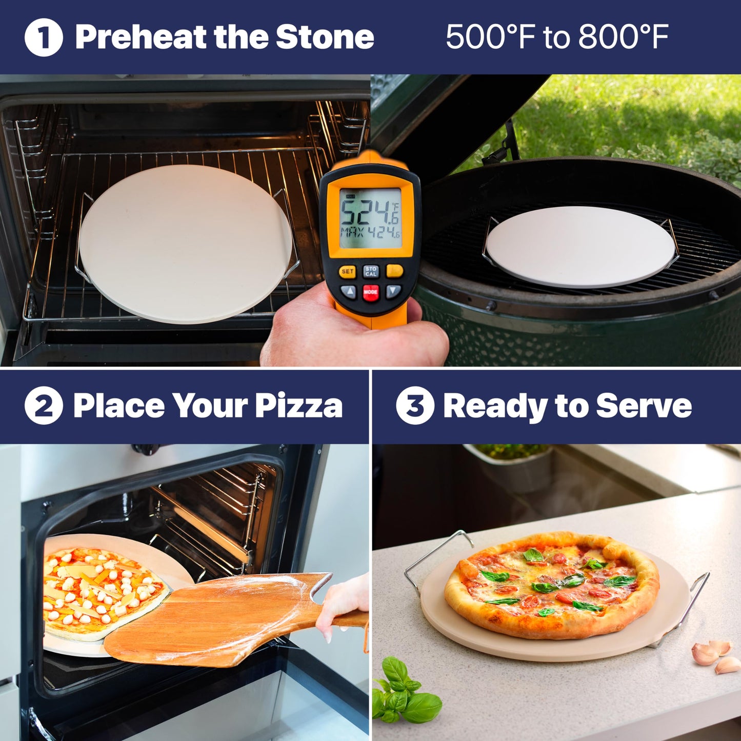 KitchenStar Pizza Cutter Rocker Blade 16" Black + Wooden Pizza Peel 16" + Pizza Stone for Oven and Grill 16" with Handles - Pizza Making Bundle