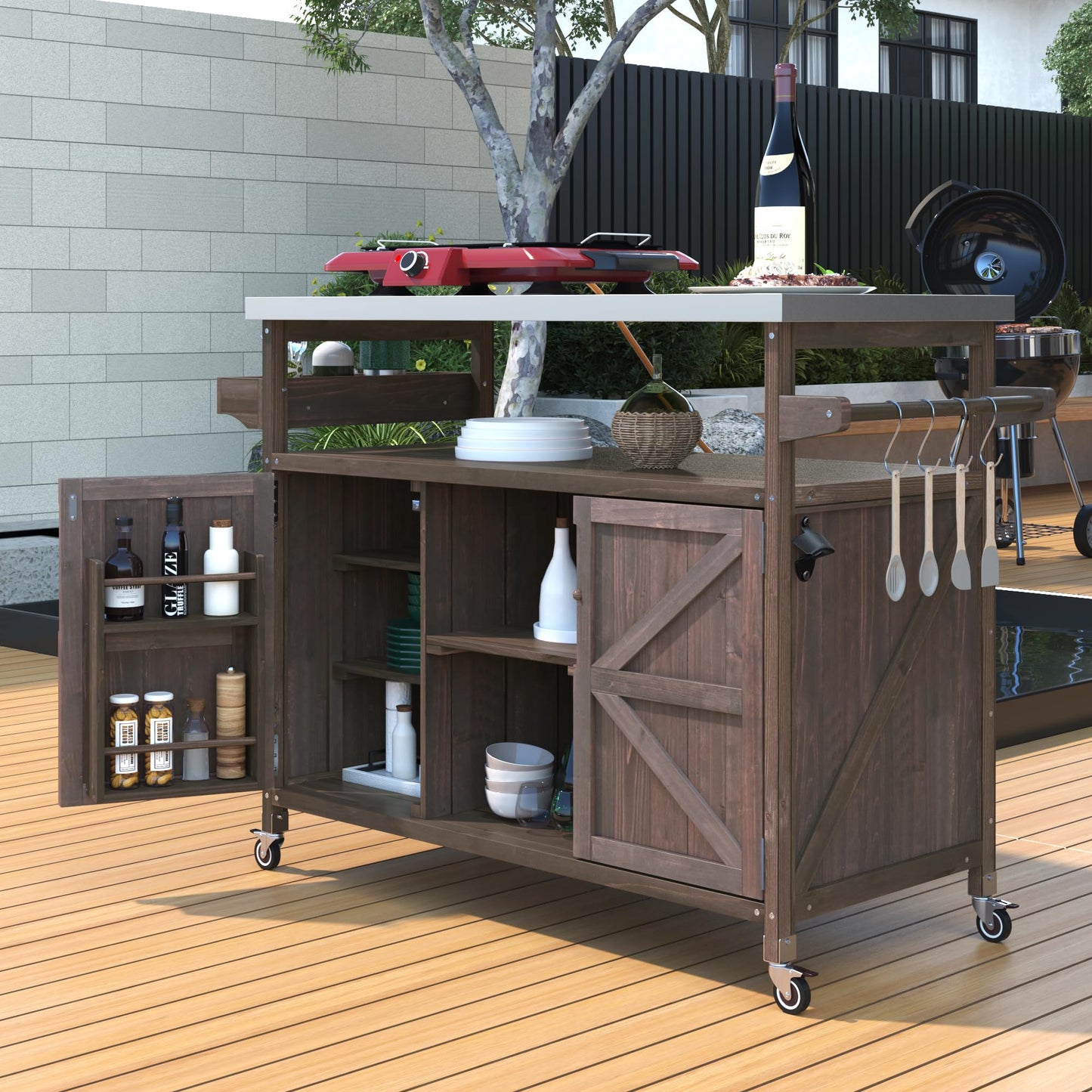 50.25" W Grill Cart with Stainless Steel Tabletop - Outdoor Storage Cabinet for BBQ, Bar Patio Kitchen Island with Ample Storage and Lockable Wheels