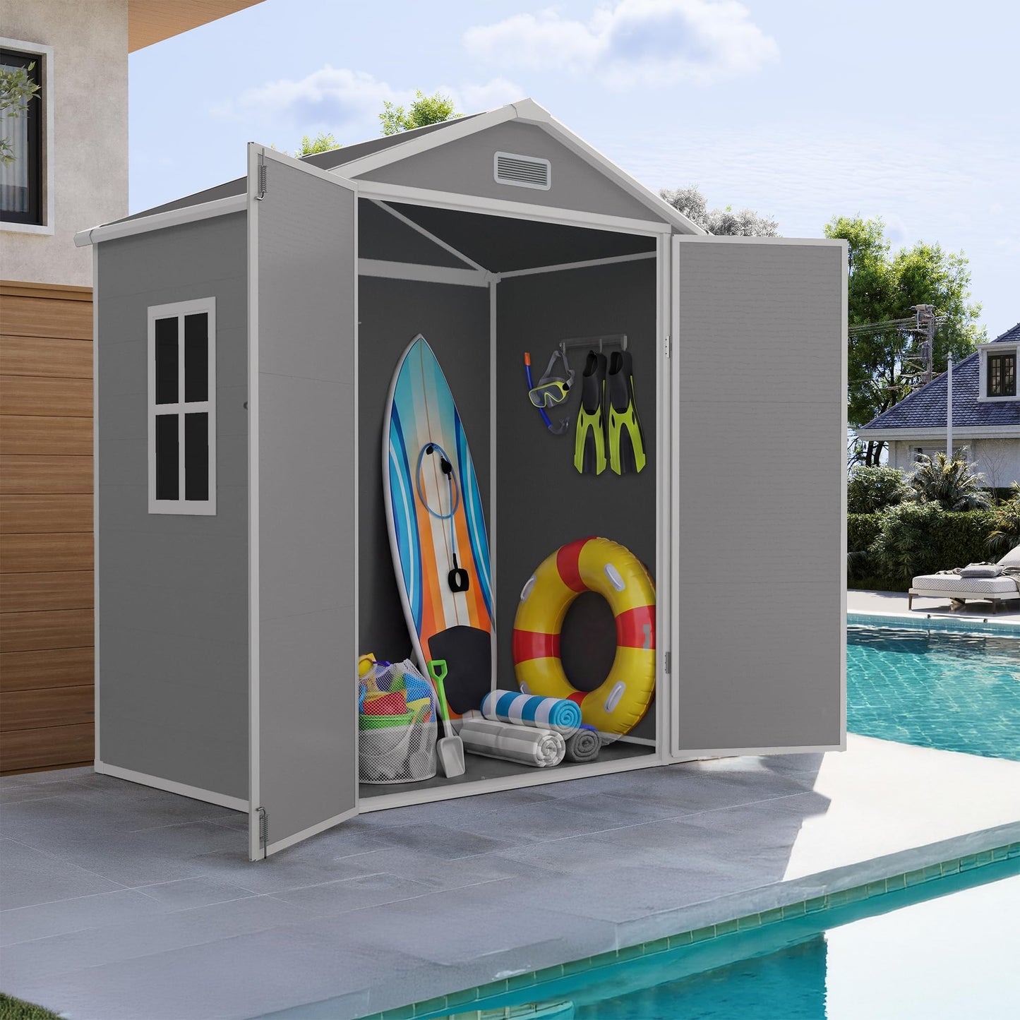 UDPATIO Outdoor Storage Shed 6x4 FT, Garden Resin Shed for Bike, Garbage Can, Tools, Outside Plastic Sheds with Floor for Backyard, Patio, Lawn, Grey & White