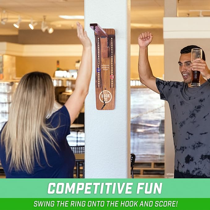 GoSports Hook 21 Wall Mount Ring Swing Game - Play Indoors or Outdoors with Foldable Arm