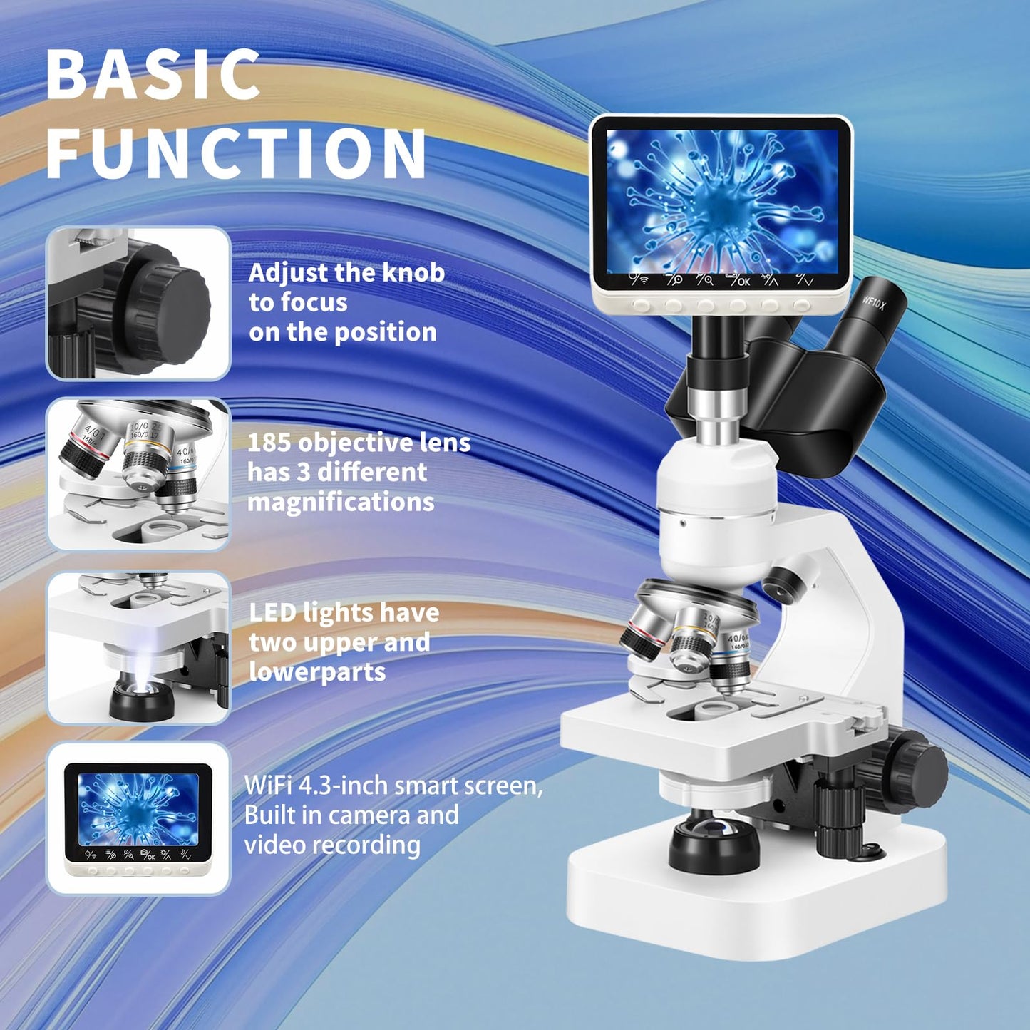 Trinocular Microscope 40x-2000x Magnification Double-Layer Stage with LED Lights on top and Bottom, Thick and Thin Dual Focusing knobs, Professional Biological Microscope (WiFi Electronic Eyepiece)