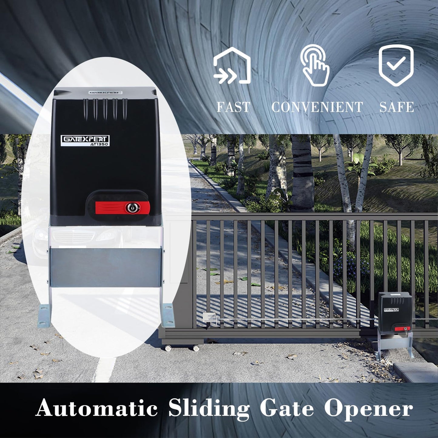 GateXpert Automatic Sliding Gate Opener with Remote Control Transmitters and Infrared Photocell Sensor - Chain Driveway Security Door Operator Kit (for 1350lb & 26ft Gate, AT1350)