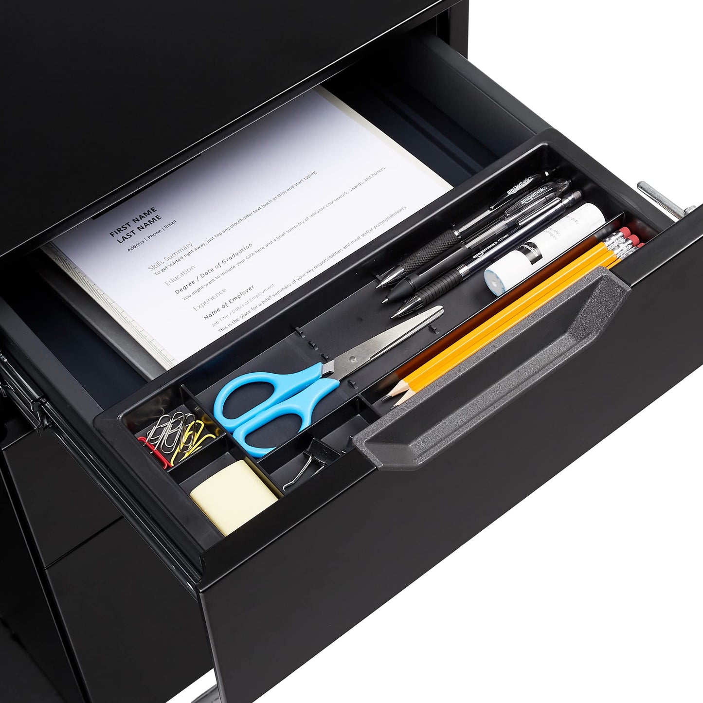 Amazon Basics 3-Drawer Mobile File Cabinet with Lock, Rolling Filing Cabinet for Hanging Files, Black, 20.71" D x 15.51" W x 24.29" H