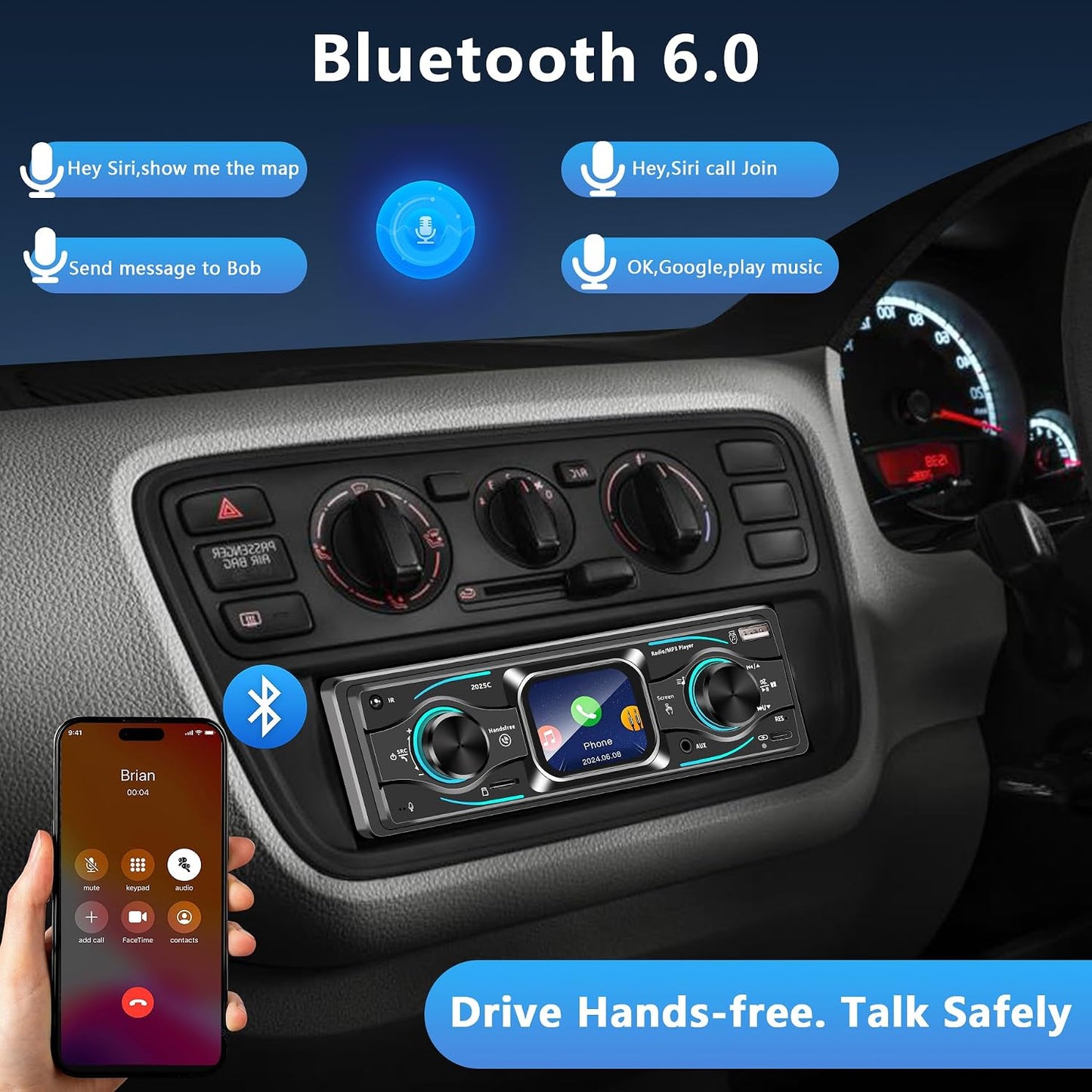 Dykucic MP3 7-Color Single Din Car Stereo with Touchscreen Bluetooth, Player Supports Steering Wheel Control, USB/SD/FM