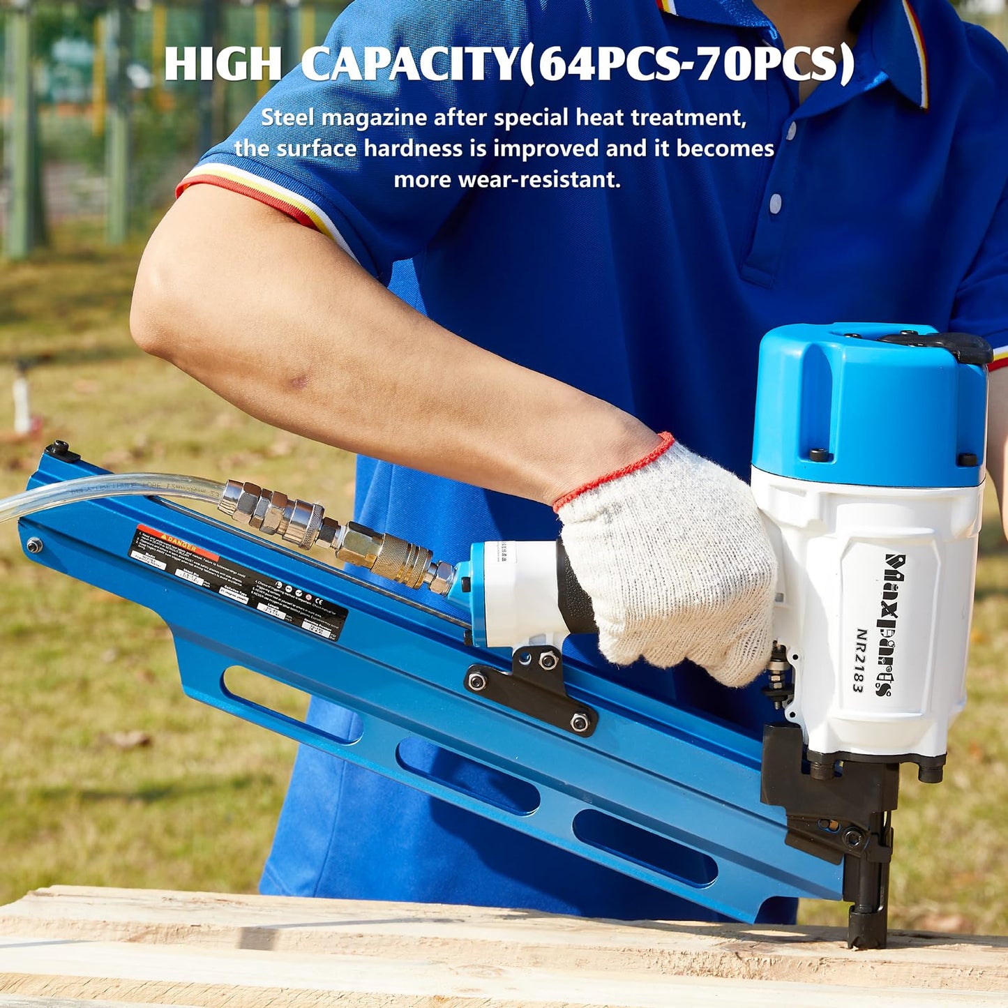 Maxparts Framing Nail Gun NR2183 21 Degree Plastic Strip Nailer with Aluminum Magazine Quick Shooting Pneumatic Tools for Wood Constructions Light Blue Color