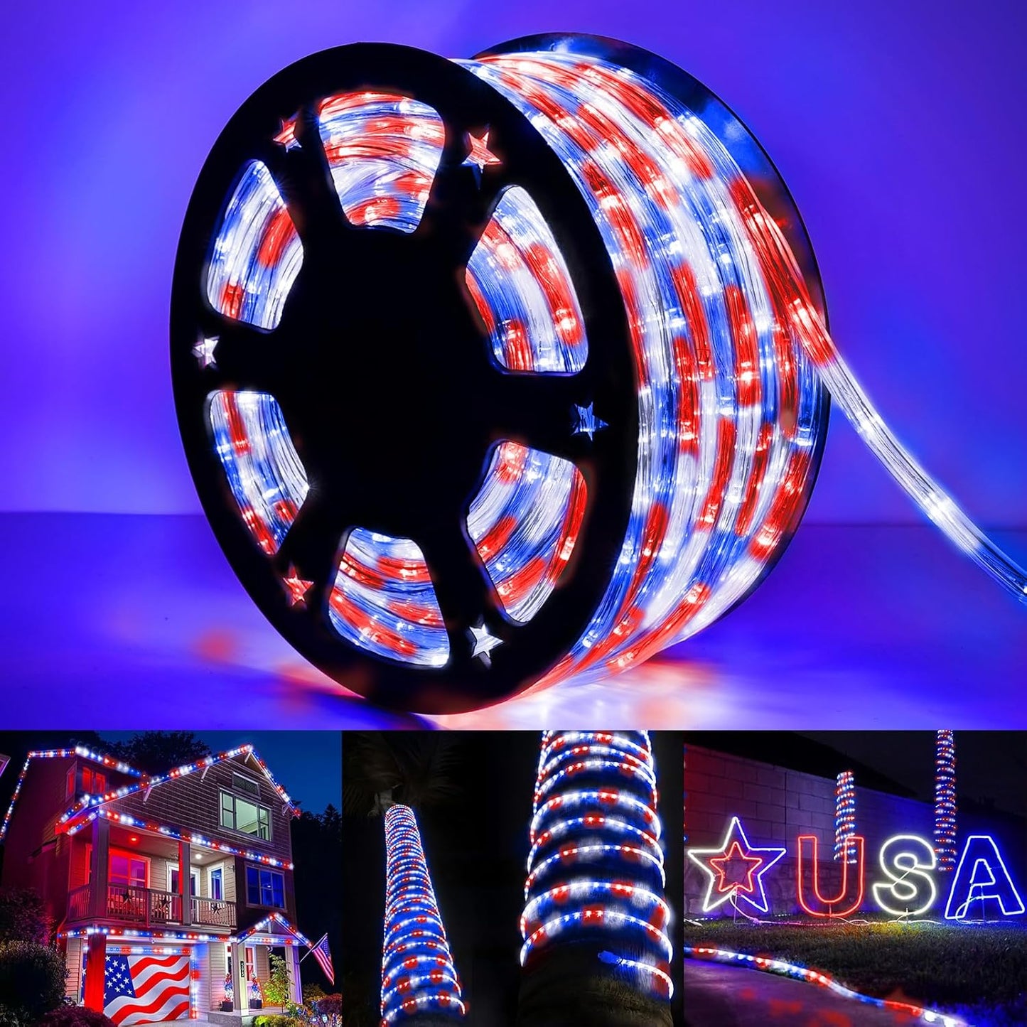 Skiennix 200ft LED Rope Lights - Waterproof Flexible Tube Lighting with 8 Modes | Red, White & Blue Decor