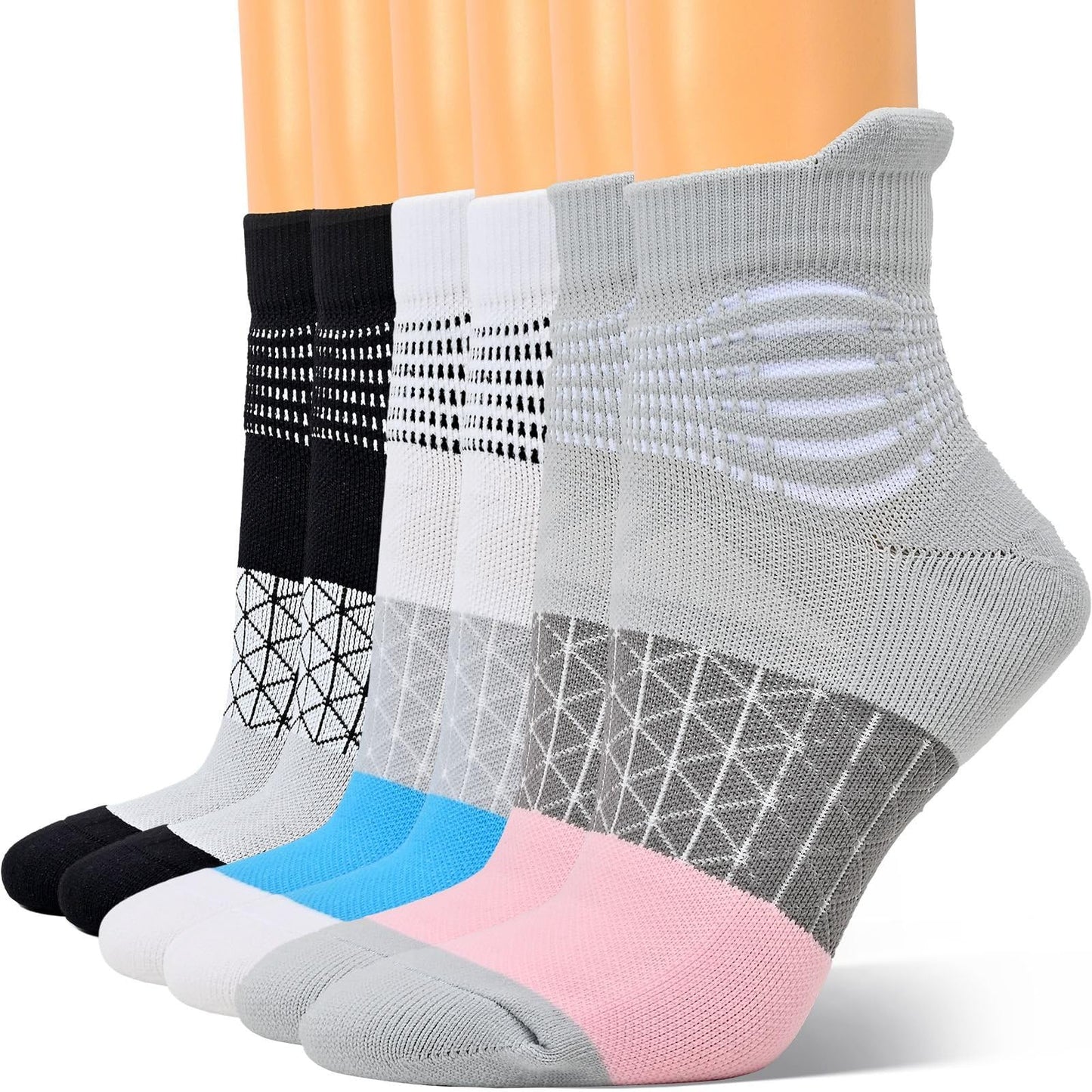 IRAMY Compression Ankle Support Socks Women Wicking Cushioned Athletic Plantar Fasciitis Relief,Black+White+Grey,3 Pairs,Medium