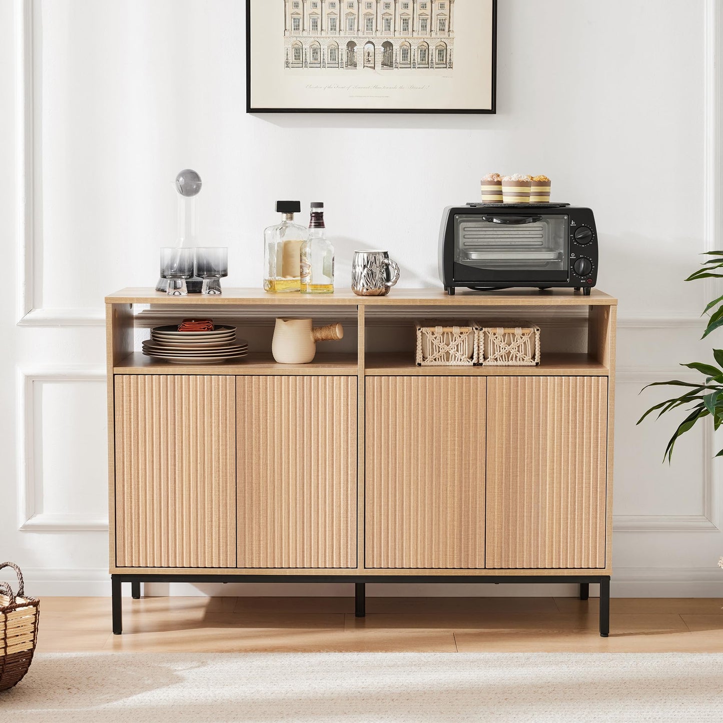 Mericonia Farmhouse Buffet Sideboard Cabinet with Storage, Fluted Coffee Bar with Doors and Adjustable Shelves, Modern Wood Console Cabinet for Kitchen, Livingroom (Fluted 4 Door, Natural)
