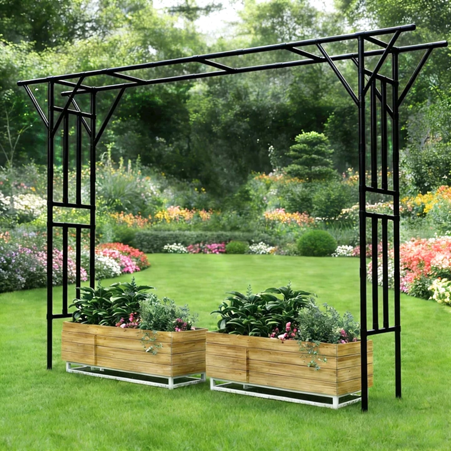 Carotex Flat Top Garden Arch Trellis Pergola, 11.8 x 9.02 FT Large Metal Arbor for Climbing Plants, Plastic-Coated Galvanized Steel Frame, Outdoor Decorative Arch for Garden, Backyard, Lawn (Black)