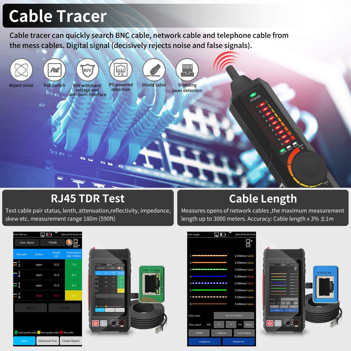 Multifunction RJ45 Network Caber Tester,Full Features UTP Cable Tester Cable Tracer,4" IPS Touch Screen Support TDR,DMM,OPM,POE++ Detect,Level Meter,Ethenet Network Tester,RJ45 TDR,Length,FTP(LT-600T)