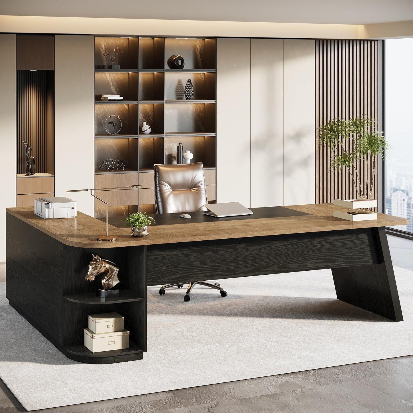Tribesigns 79-Inch Executive Desk, Large Office Desk with Cabinet, L-Shaped Compter Desk with Storage Shelves, Writing Table for Home Office, Natural Oak and Black