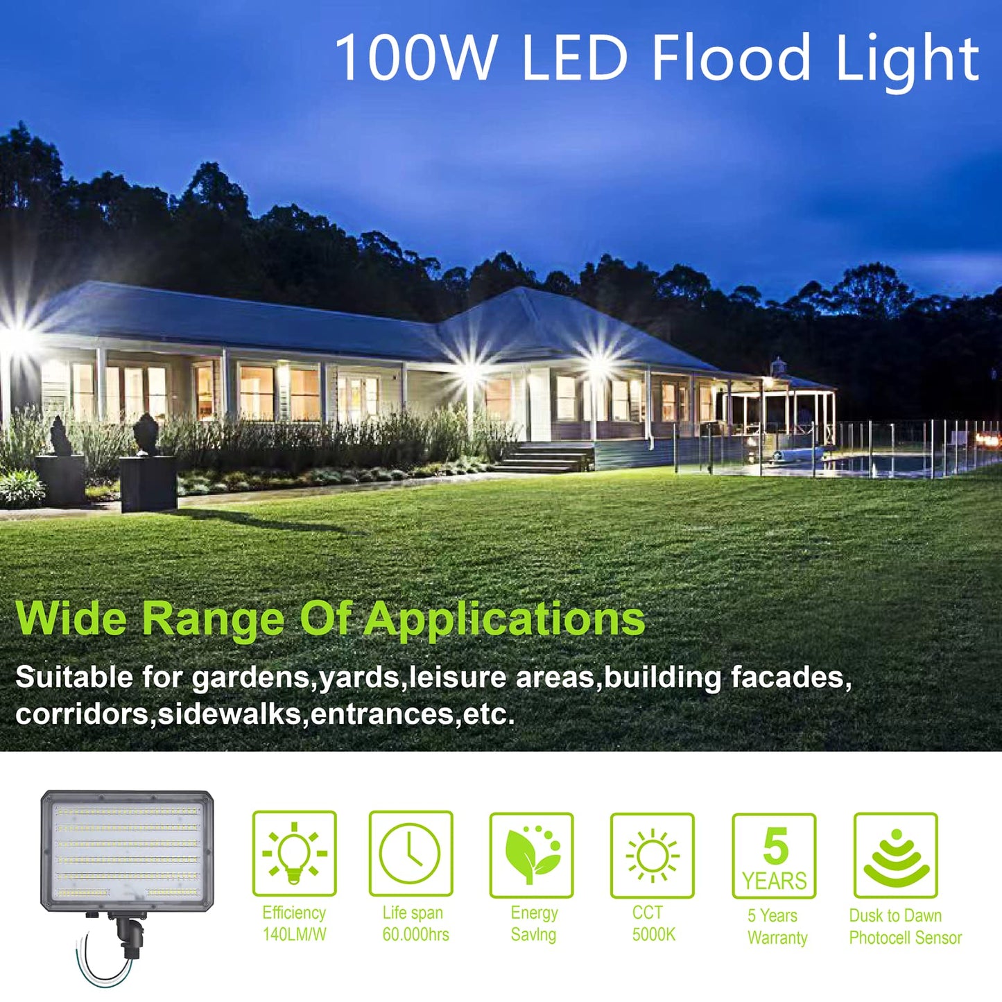 Paktonvo 100W LED Flood Light with Knuckle, Outdoor floodlight Dusk to Dawn Photocell 5000K 14000lm AC100-277V Equivalent 1000W, ETL Waterproof Wall Mount LED Security Light for Yard Garden 2 Pack
