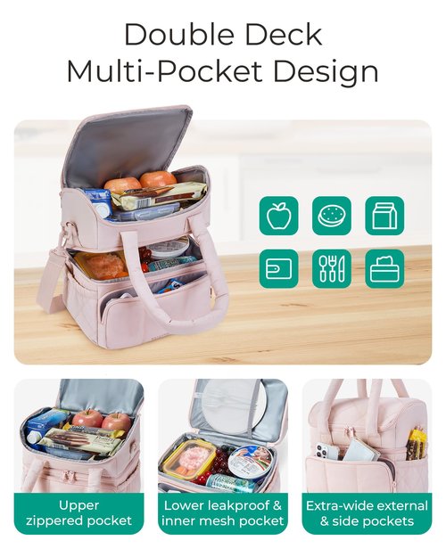 BAGSMART Lunch Bag Women, Double Deck Insulated Lunch Box, Quilted Puffer Lunch Tote, Leakproof, Durable & Reusable Large Lunch Cooler For Work Picnic Travel Meal Prep, Dark Pink