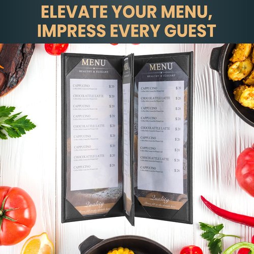 AMGSH 12 Pack 4 View Menu Holder Menu Covers 4.25" x 11" | Black Leather Menu Sleeves Book Style for Restaurant Coffee Bars Wine List