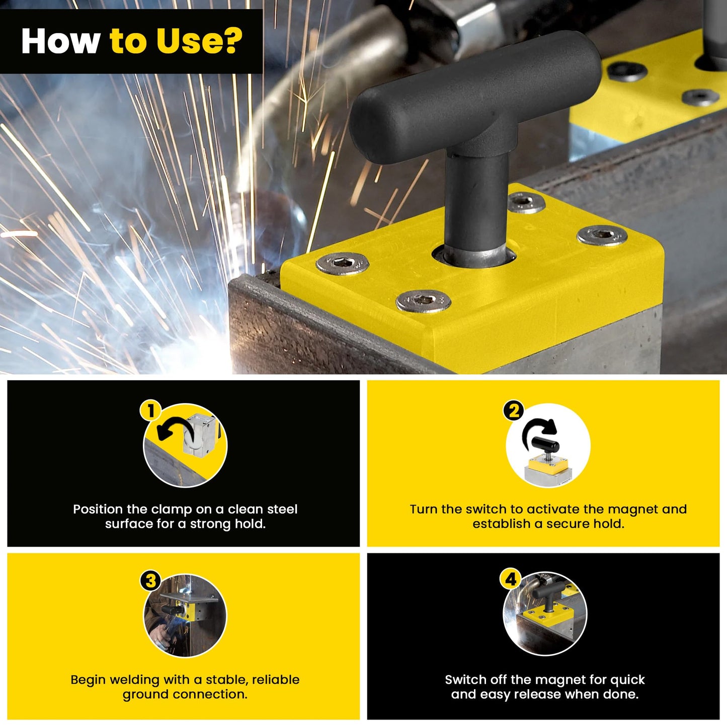 Magswitch MagSquare Magnetic Welding Square Base Clamp Holder for Welding Kit, Tools, Supplies and Accessories, Magnet Switch with On/Off Capabilities, yellow/Silver/Black, 1050 LBS