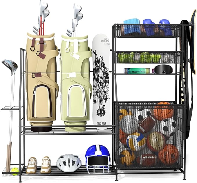 Garage Sports Equipment Organizer,3 Golf Bags Storage Stand,Heavy-Duty Ball Storage Rack with Basket and Hooks,Space-Saving Design for Toy Sports Gear Storage Indoor/Outdoor Use