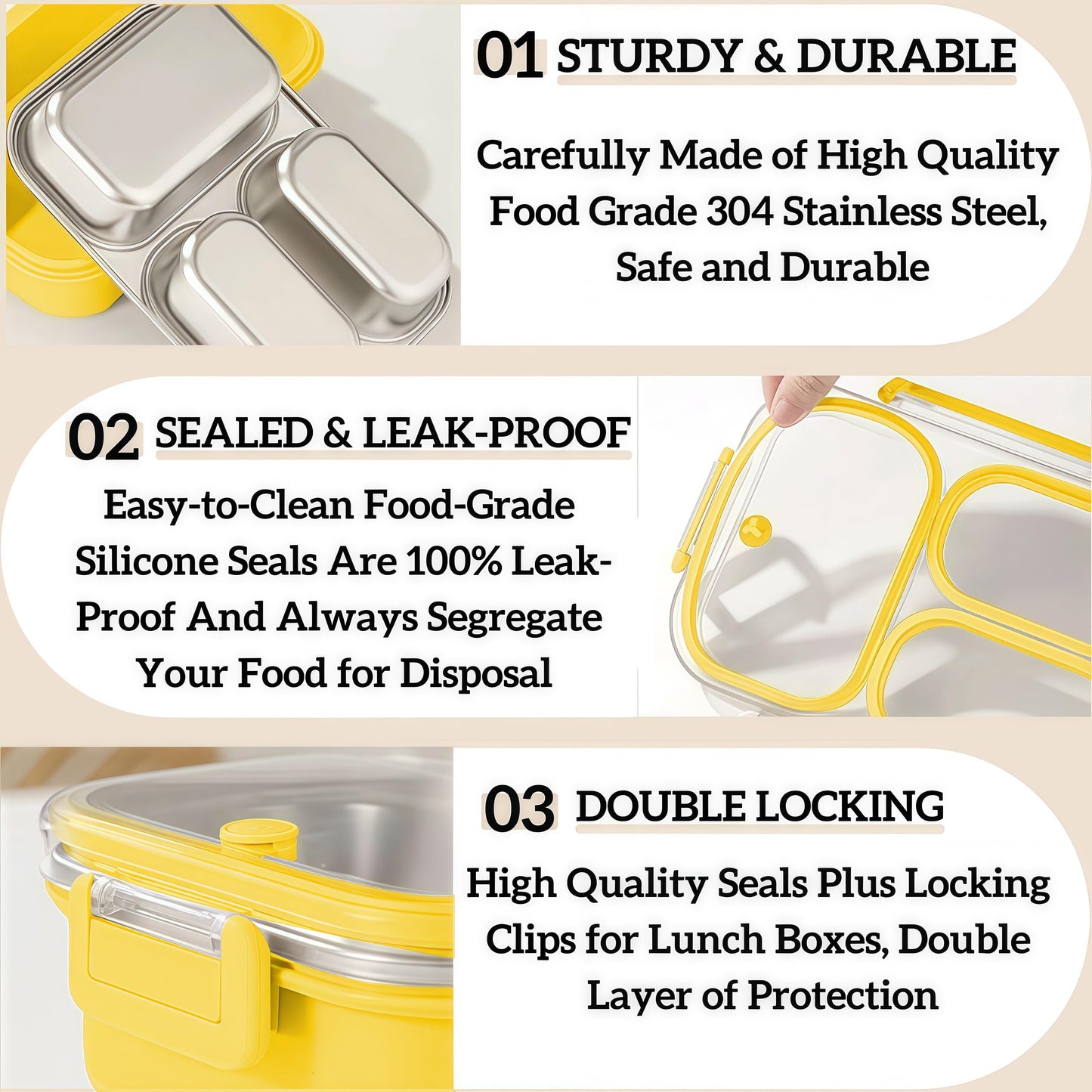 Eechen Charm Stainless Steel Lunch Box, 3 Compartment Bento Box for Kids & Adults, Leakproof Metal Food Container for School, Work, Picnic, Easy to Clean (Yellow)