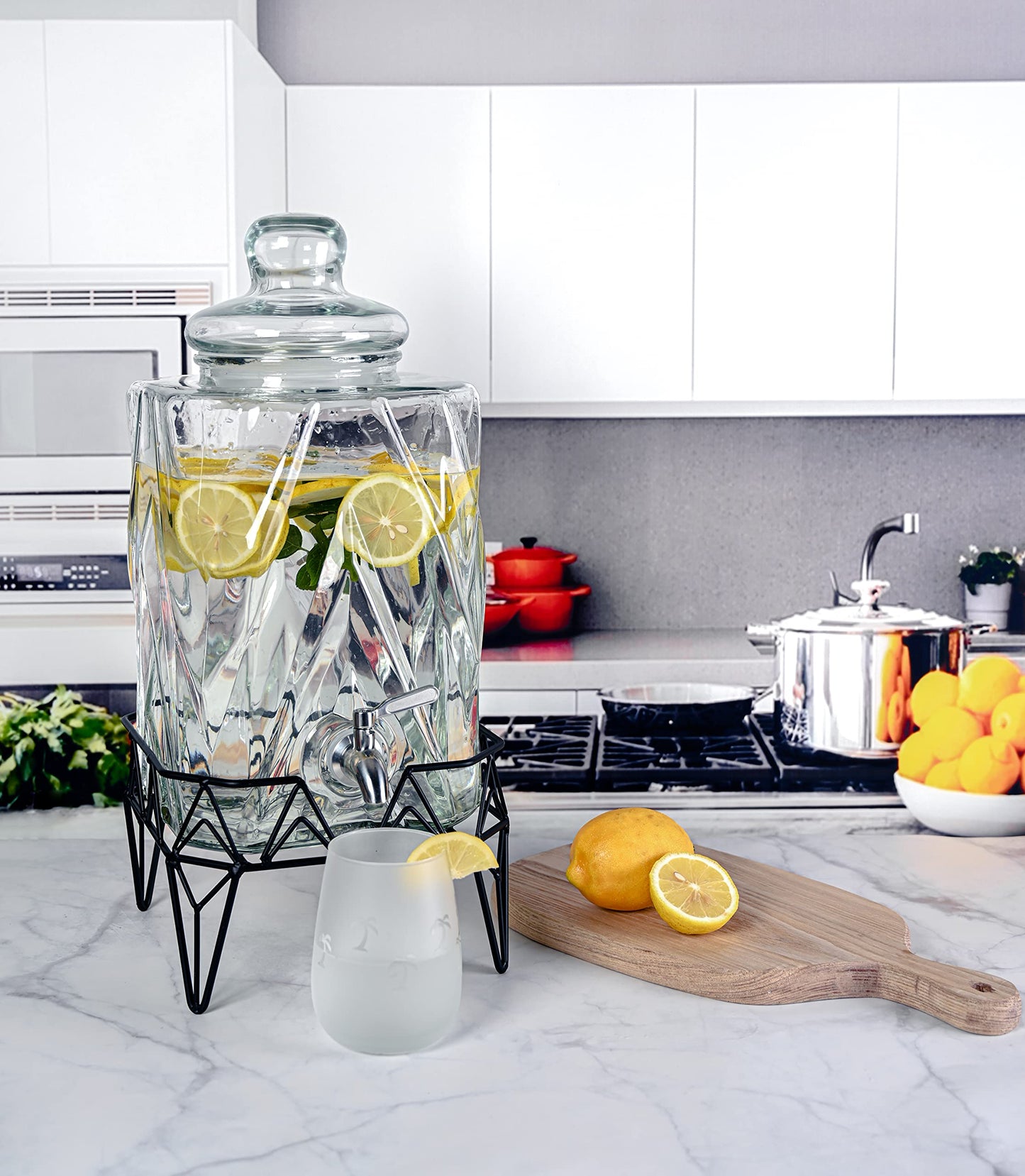 Glacial Ice Design Glass Beverage Dispenser with SS Spigot and Stand - 2.5 Gal