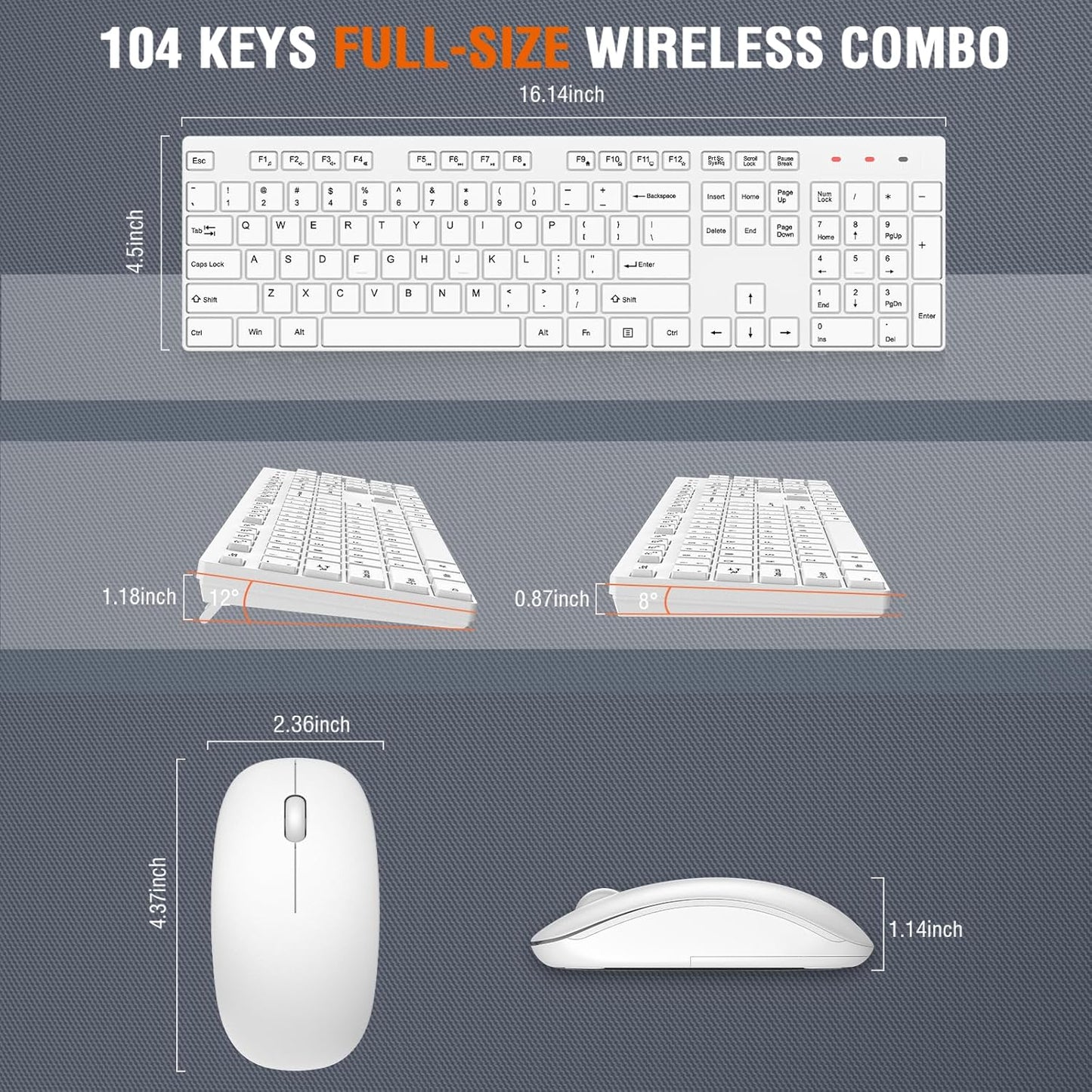 EDJO 2.4GHz 1 Pack) Wireless Keyboard and Mouse Combo, Silent Full Size Cordless USB Keyboard Mouse, Lag-Free, Long