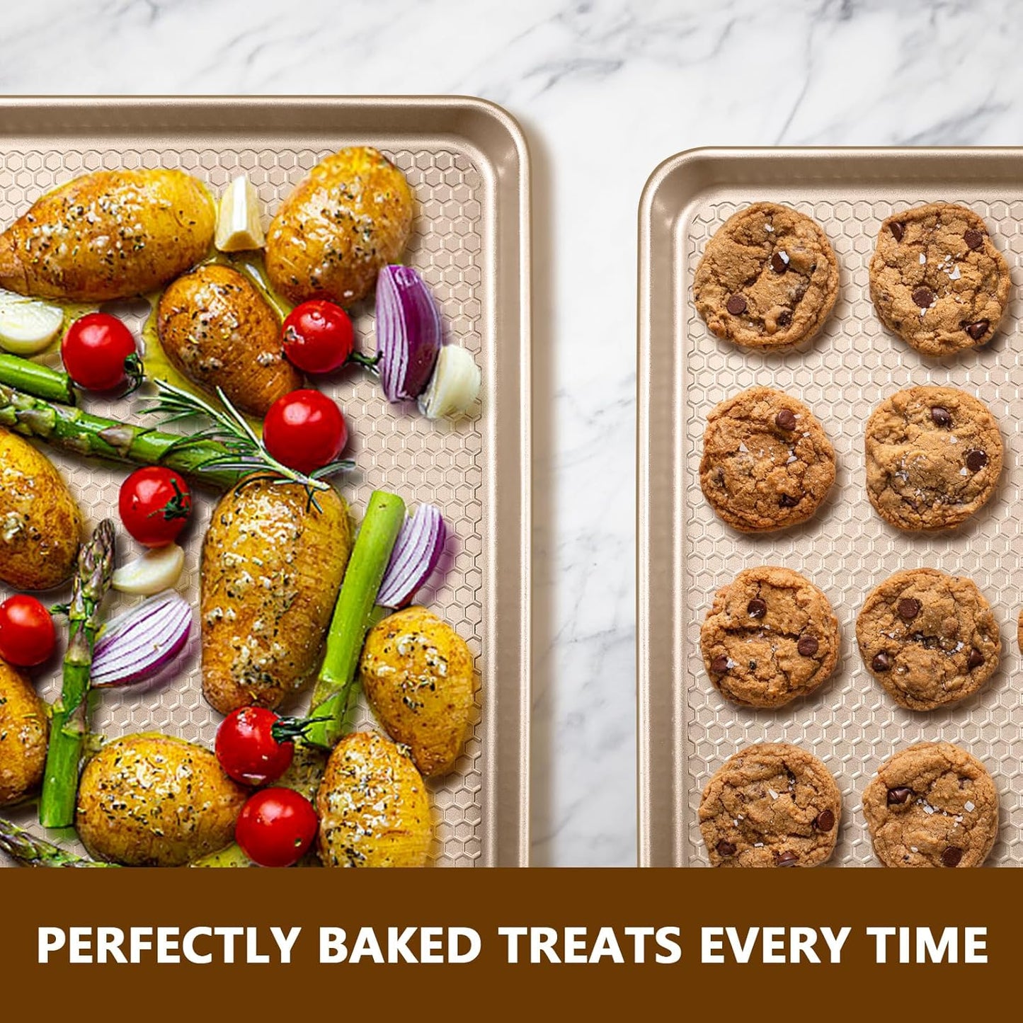 Wildone Baking Sheet Pan Set - Nonstick Honeycomb Embossed 15x10 Inch Cookie Sheets | Champagne Gold, 2 Pack