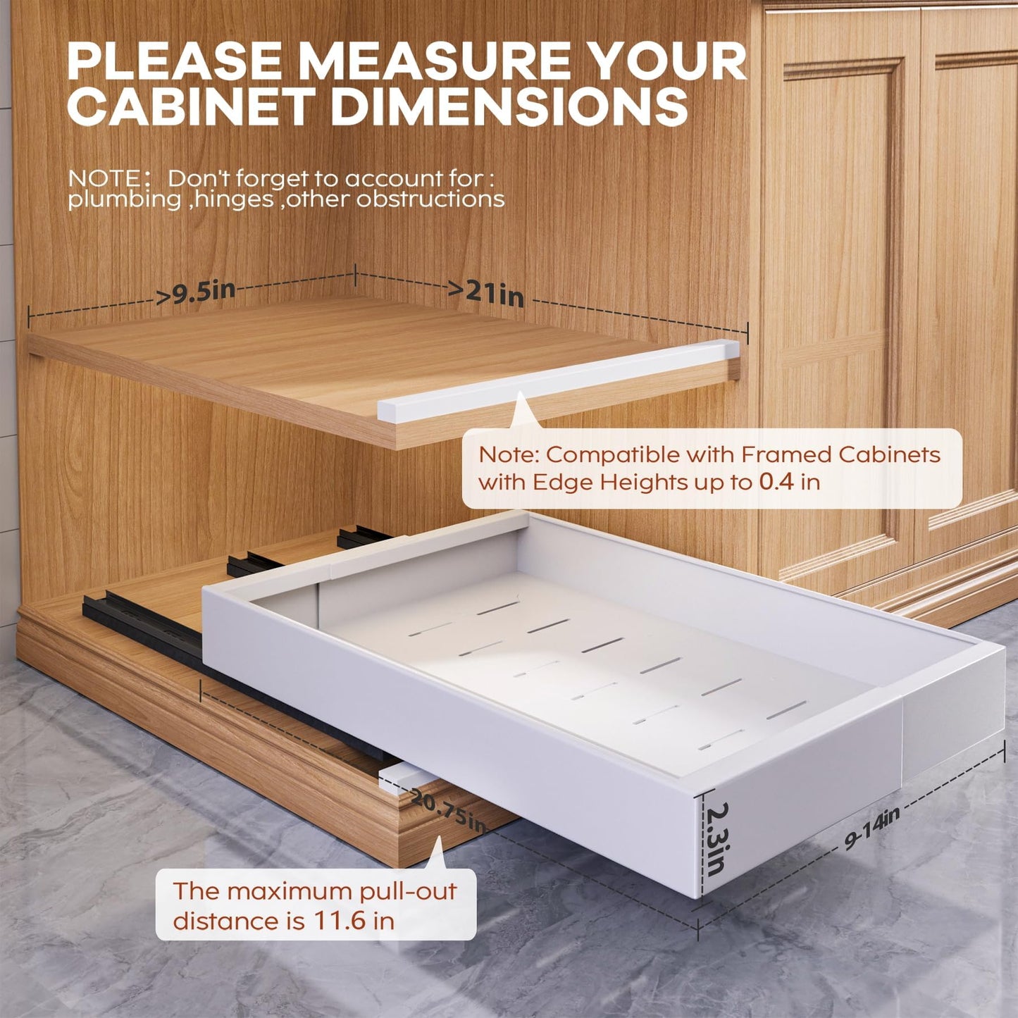 Seinloes 4 Pack Expandable (9"-14") Pull Out Cabinet Organizer 21" Deep With Raising Pad for Framed Cabinets,Upgrade 3 Slide Rails Slide Out Drawers,No Drill Roll Out Shelves Adhesive,White