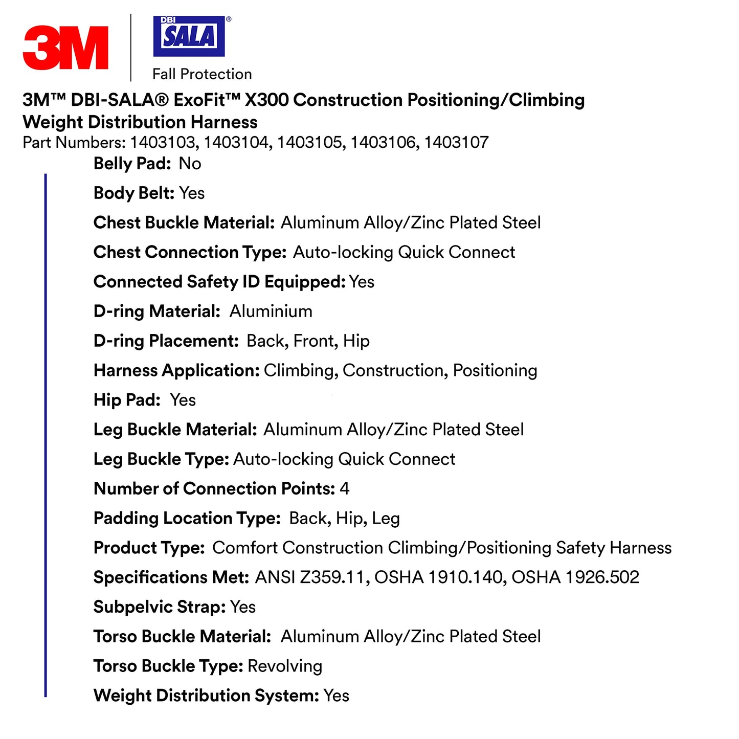 3M DBI-SALA Construction Weight Distribution Climbing/Positioning Safety Harness, Fall Protection, OSHA, ANSI, Back, Front and Hip D-Rings, Dorsal D-Ring, Auto-Lock Quick-Connect Leg Buckle, Small