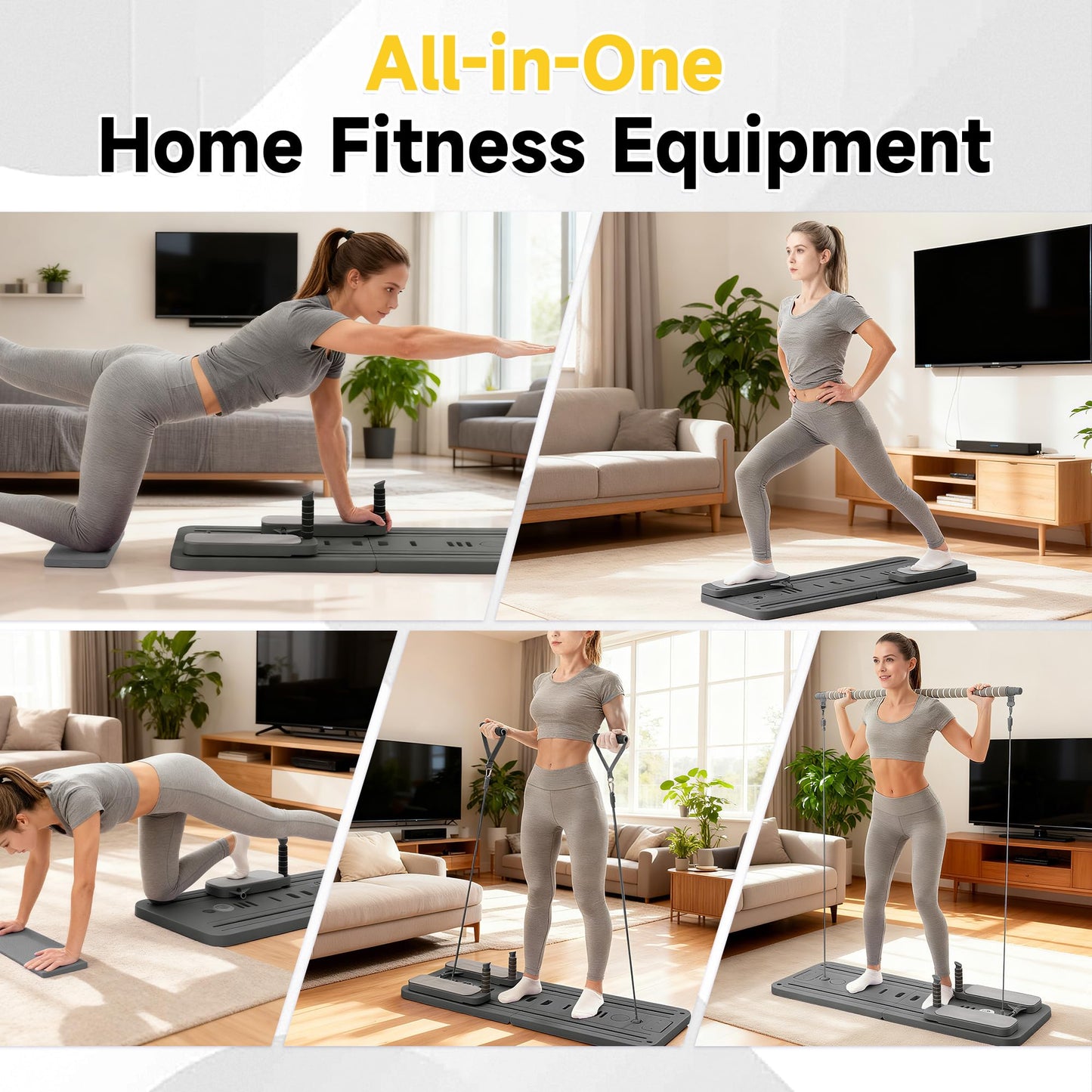 COSIEST Pilates Board for Home Use, Foldable Pilates Reformer Set with Resistance Bands, All-in-One Professional Workout Fitness Equipment for Core, Abs, Glutes, Legs, Butt, Arms Toning (Dark Grey)