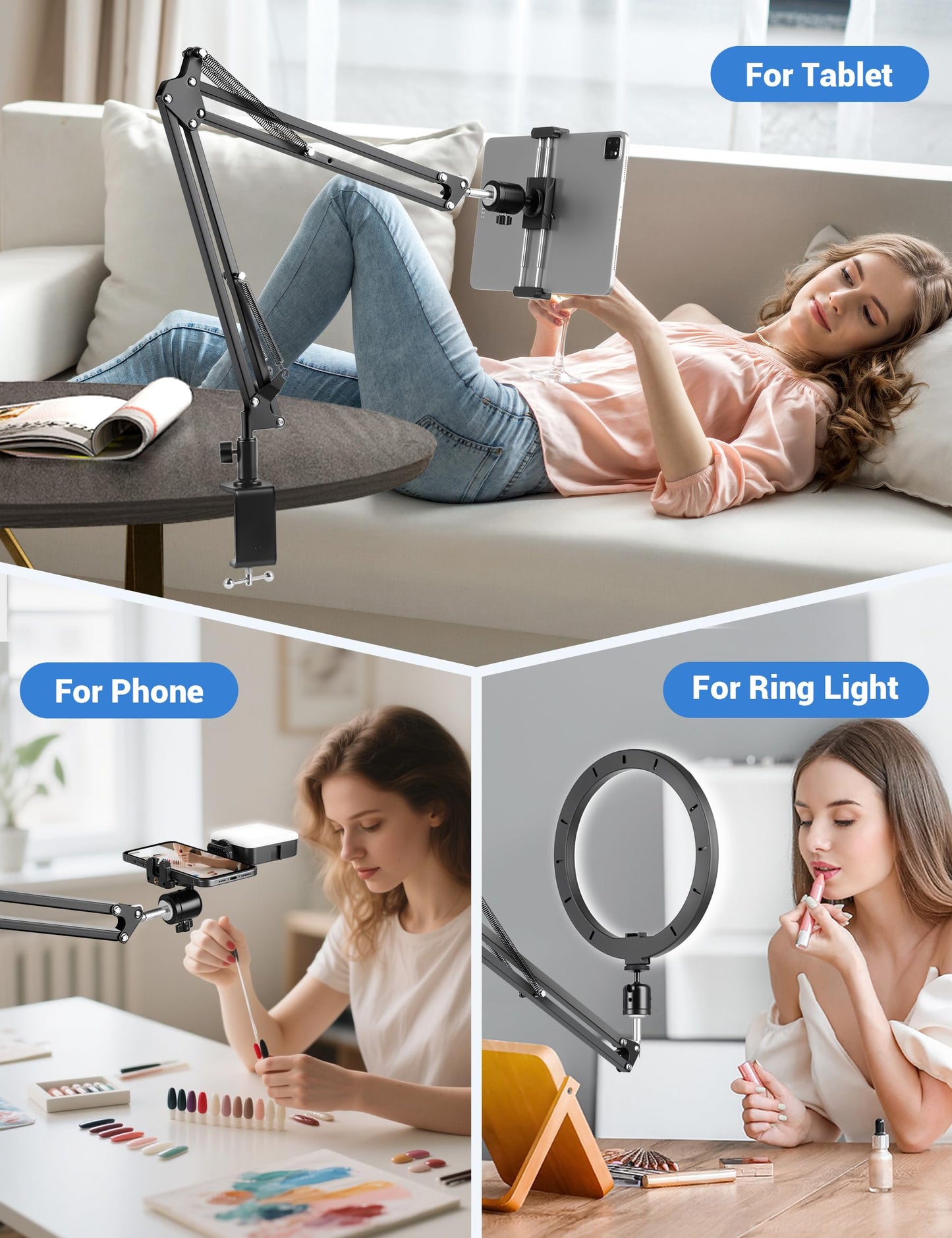 Evekea Overhead Camera Mount, Desk Camera Mount with 360° Adjustable Arm and Phone Holder for DSLR Cameras/iPhone/Webcam/Ring Light, Desk Phone Stand for Video Recording,Zoom Meeting,YouTube,TikTok