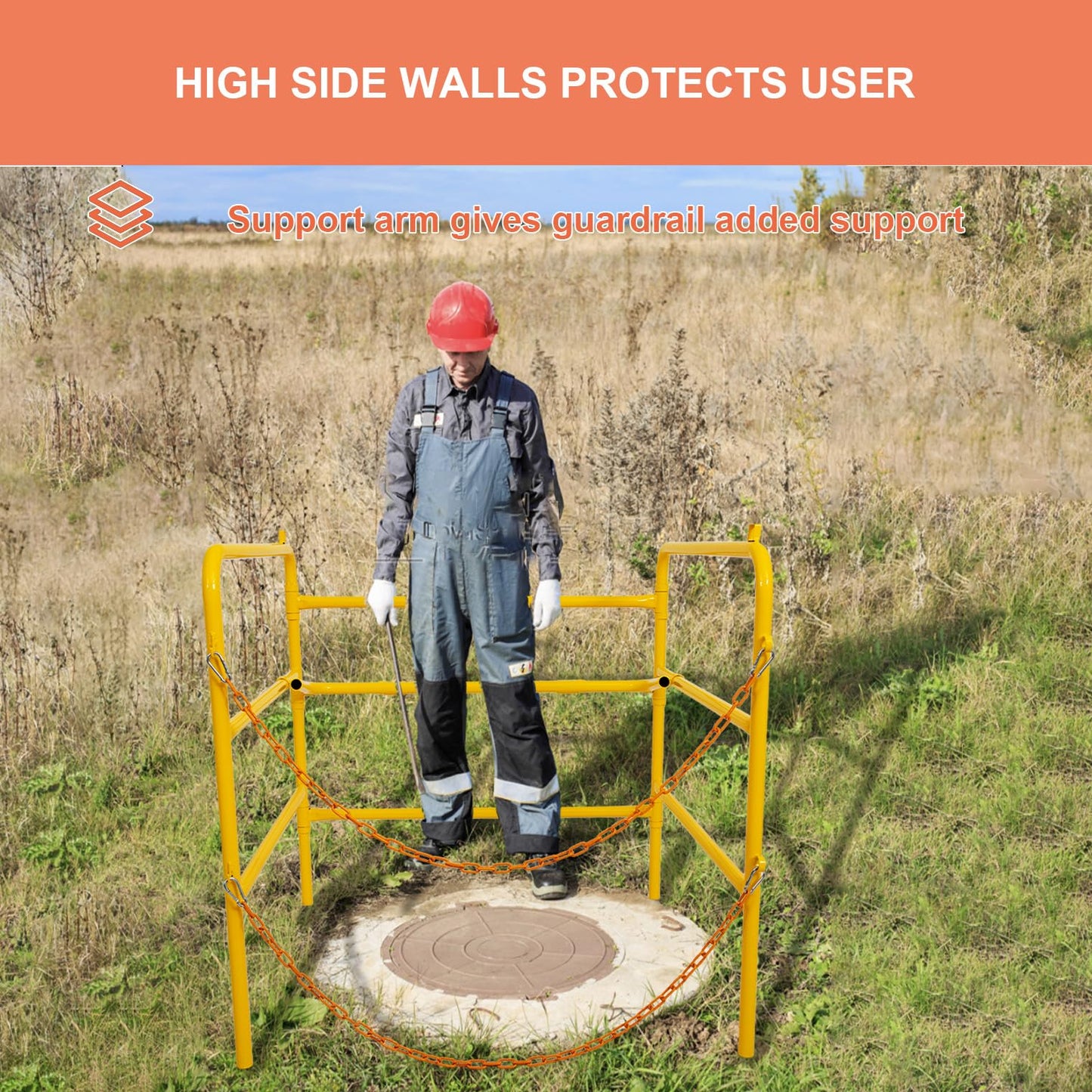 Reykilor Steel Manhole Guard Rail, Portable Foldable Manhole Guardrail with Two Hooking Chains and Loops for Confined Spaces, Tanks, Vessels, Transformers, Sewers (Yellow, 33" x 33" x 33")