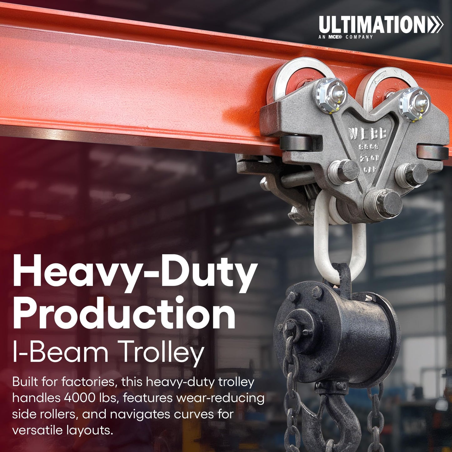 Ultimation Beam Trolley - Super Heavy Duty 2 Ton (4,000 lbs Capacity) Industrial Grade Hand Push Conveyor Trolley for I-Beams, Chain Hoists, Adjustable Lifting, Monorail, Rollers, and Hoist Systems